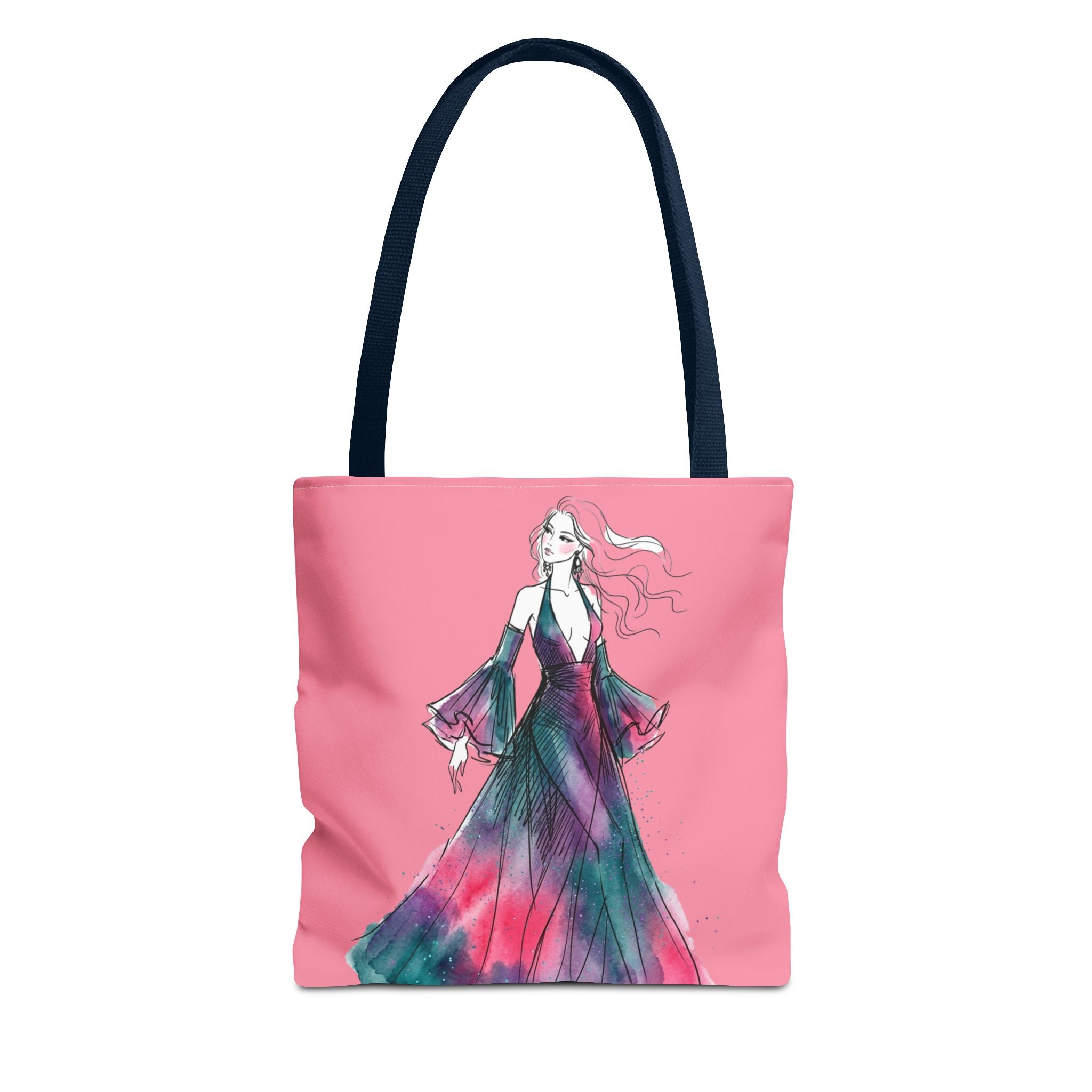 Pink Watercolor Fashion Tote Bag — Elegant Woman in Flowing Dress AOP - Creations by Chris and Carlos