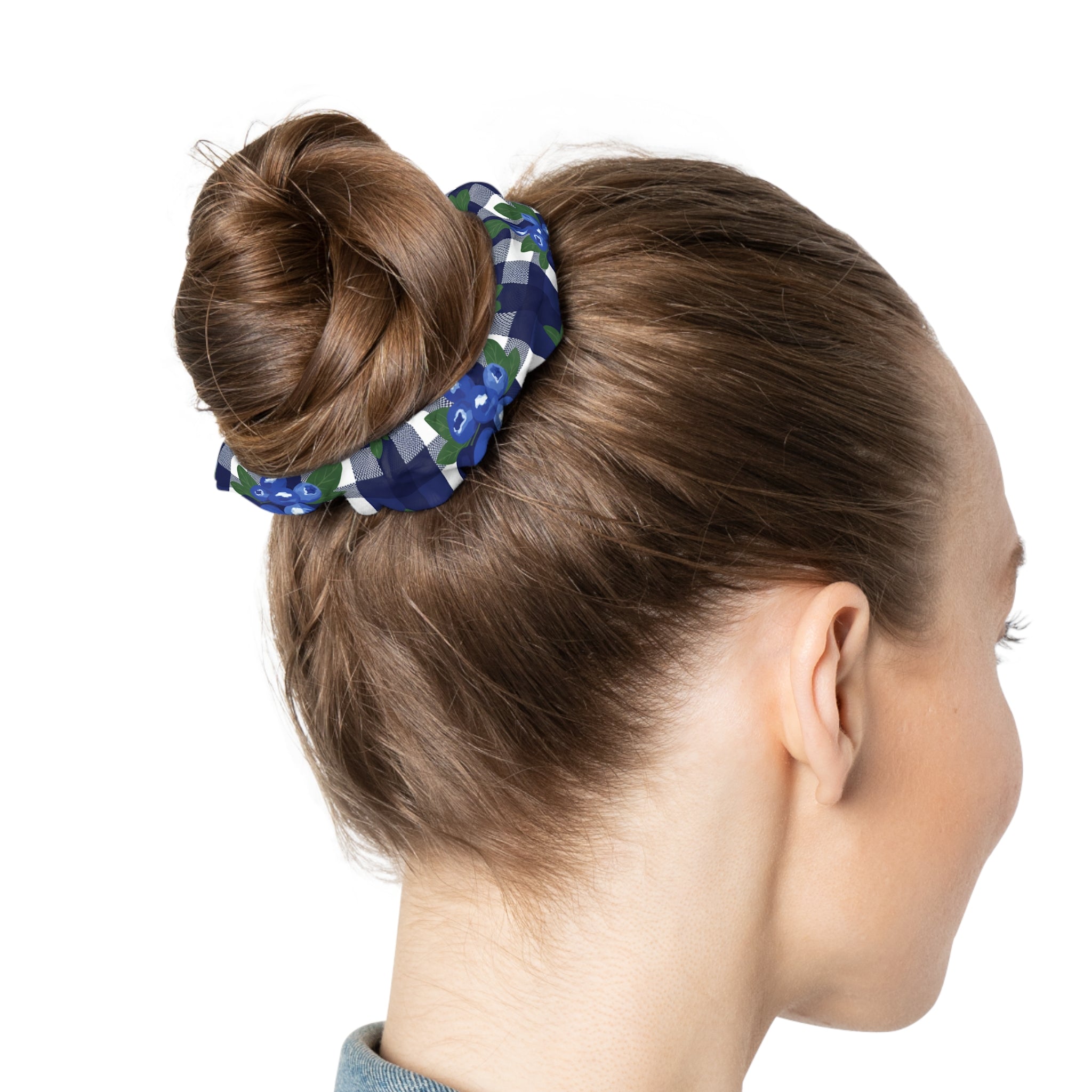 Blue Floral Gingham Scrunchie — Plaid Hair Tie with Indigo Blossoms - Creations by Chris and Carlos