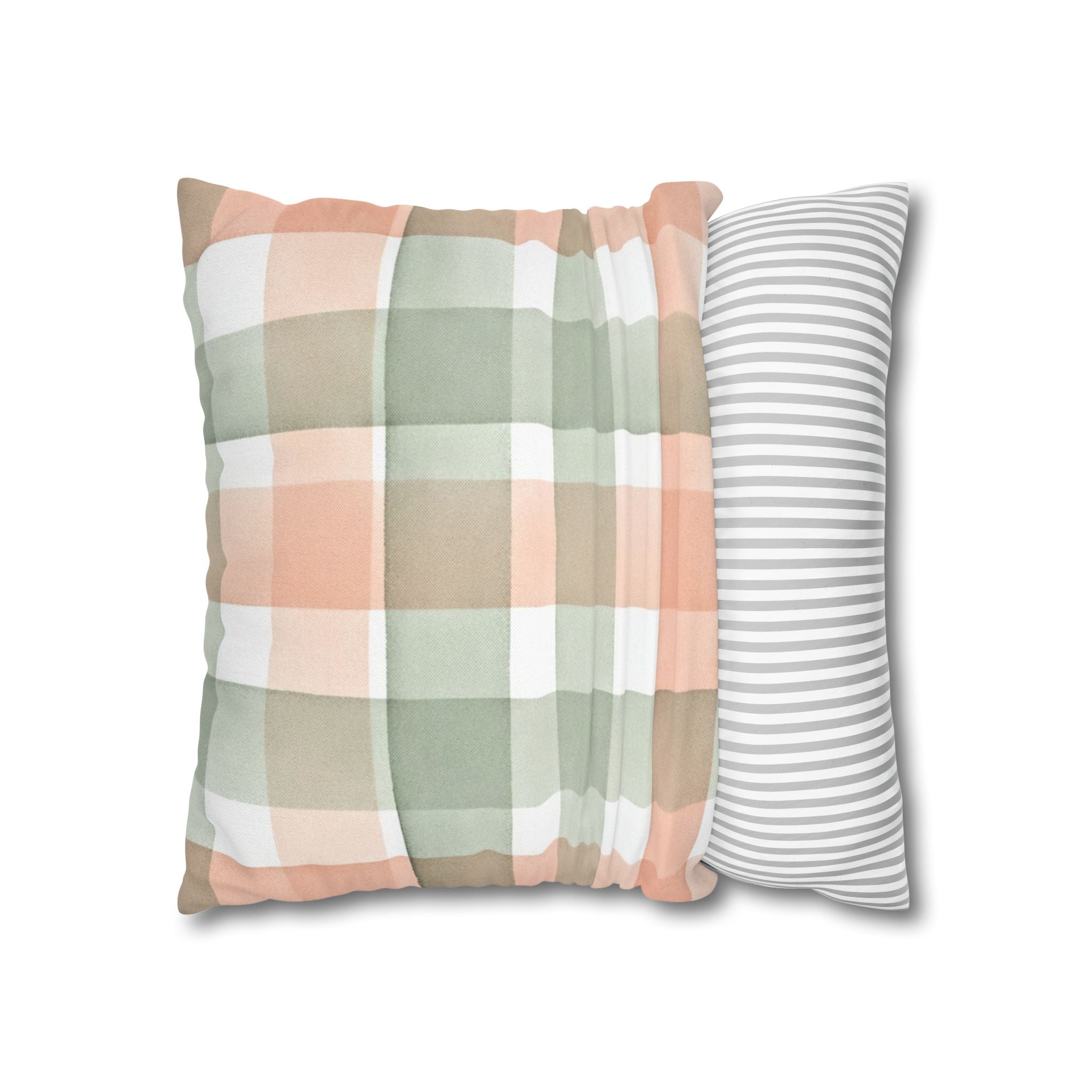The Artisanal Flora Gallery Pastel Buffalo Check Pillowcase — Peach & Sage Plaid Square Pillow Cover - Creations by Chris and Carlos