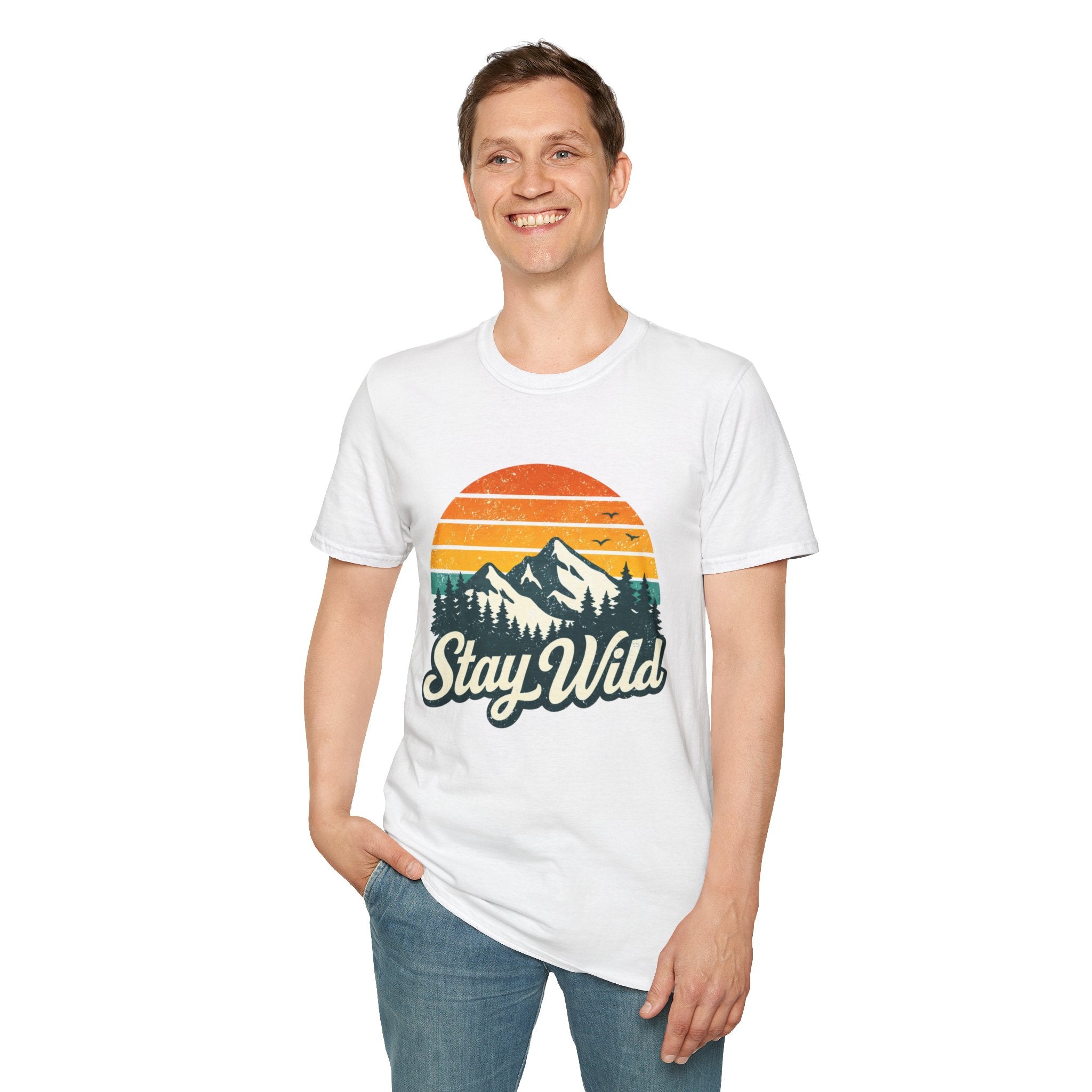 Stay Wild Mountain T-Shirt — Vintage Sunset Outdoor Adventure Tee - Creations by Chris and Carlos