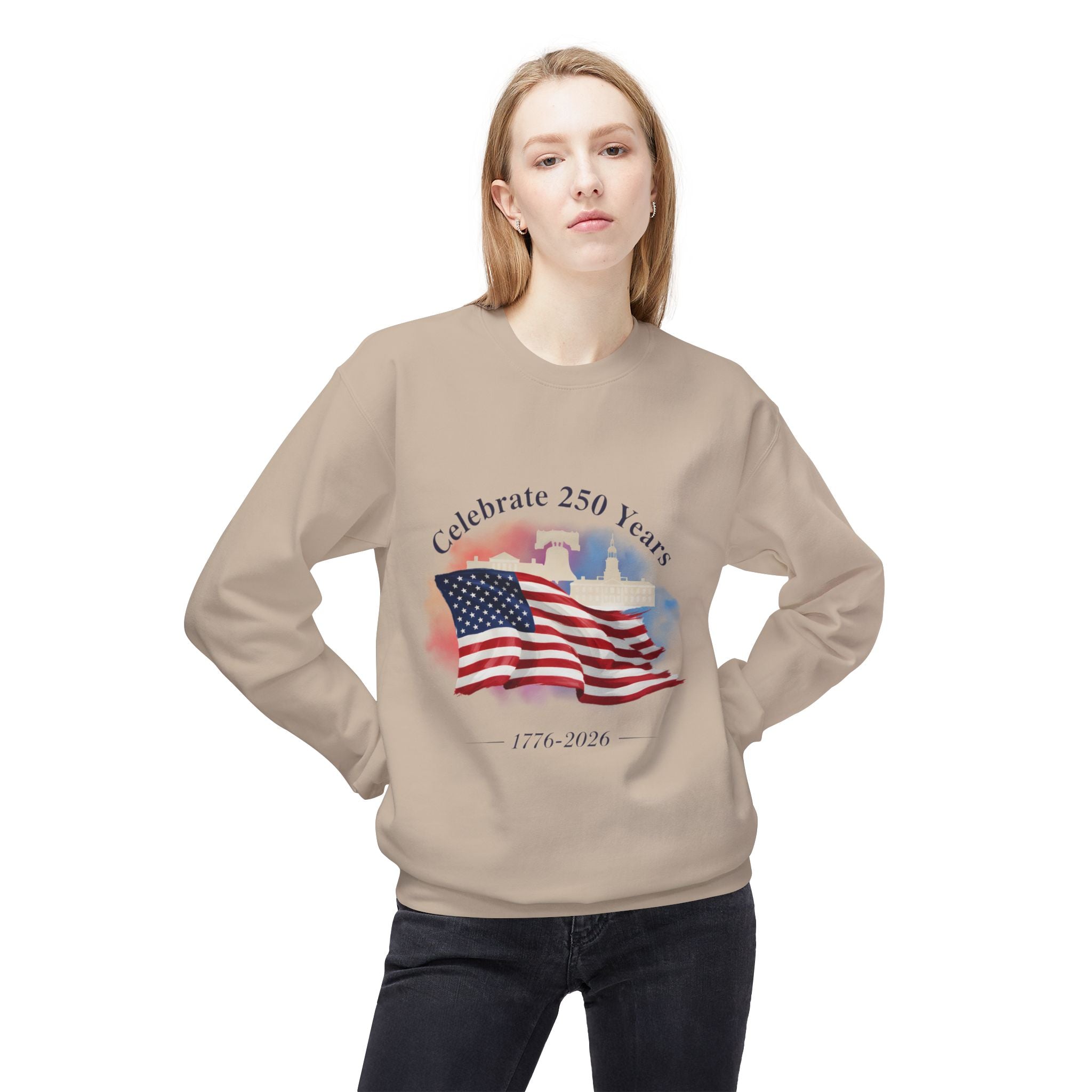Crewneck Sweatshirt — "Celebrate 250 Years" American Flag 1776–2026 Patriotic Pullover - Creations by Chris and Carlos