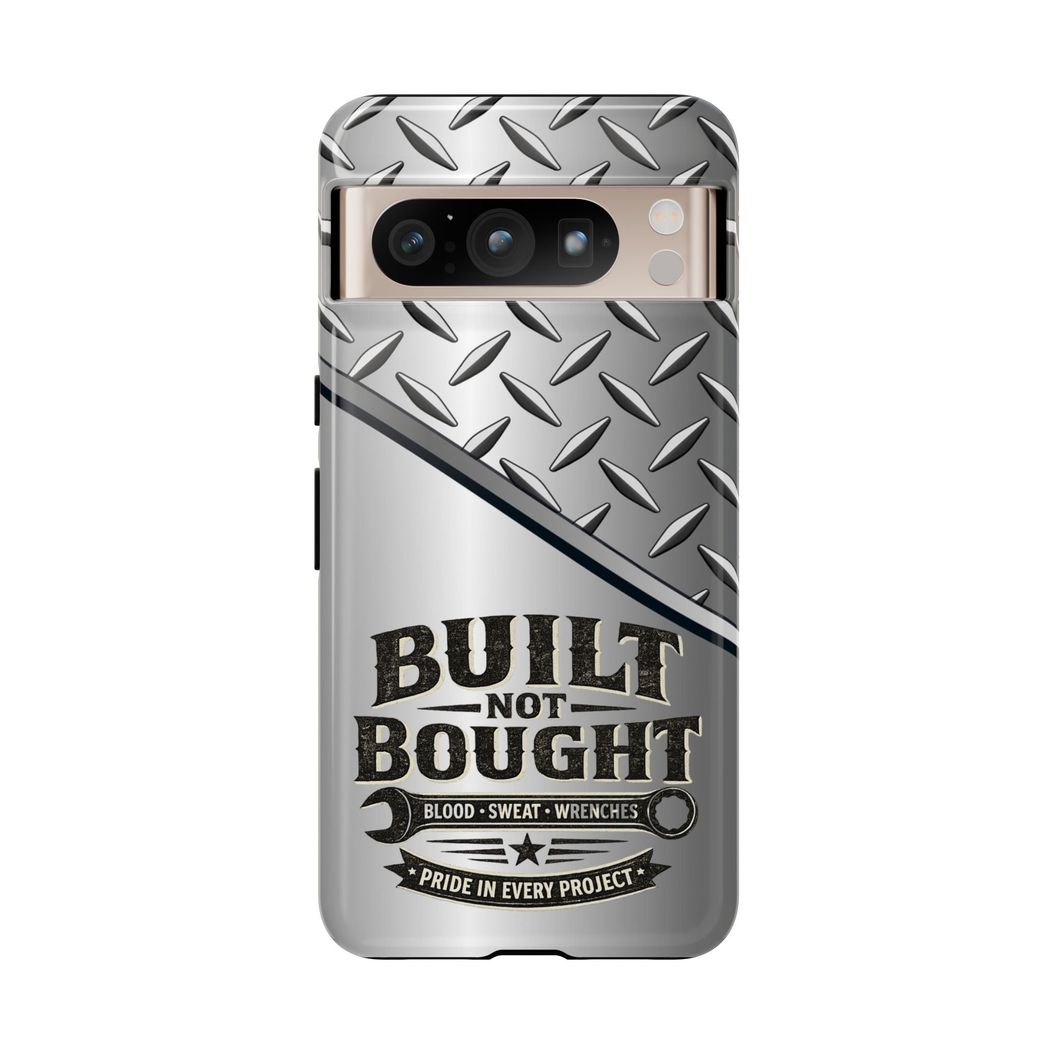 Built Not Bought Metal Diamond-Plate Phone Case — Rugged Tool Lover Gift - Creations by Chris and Carlos