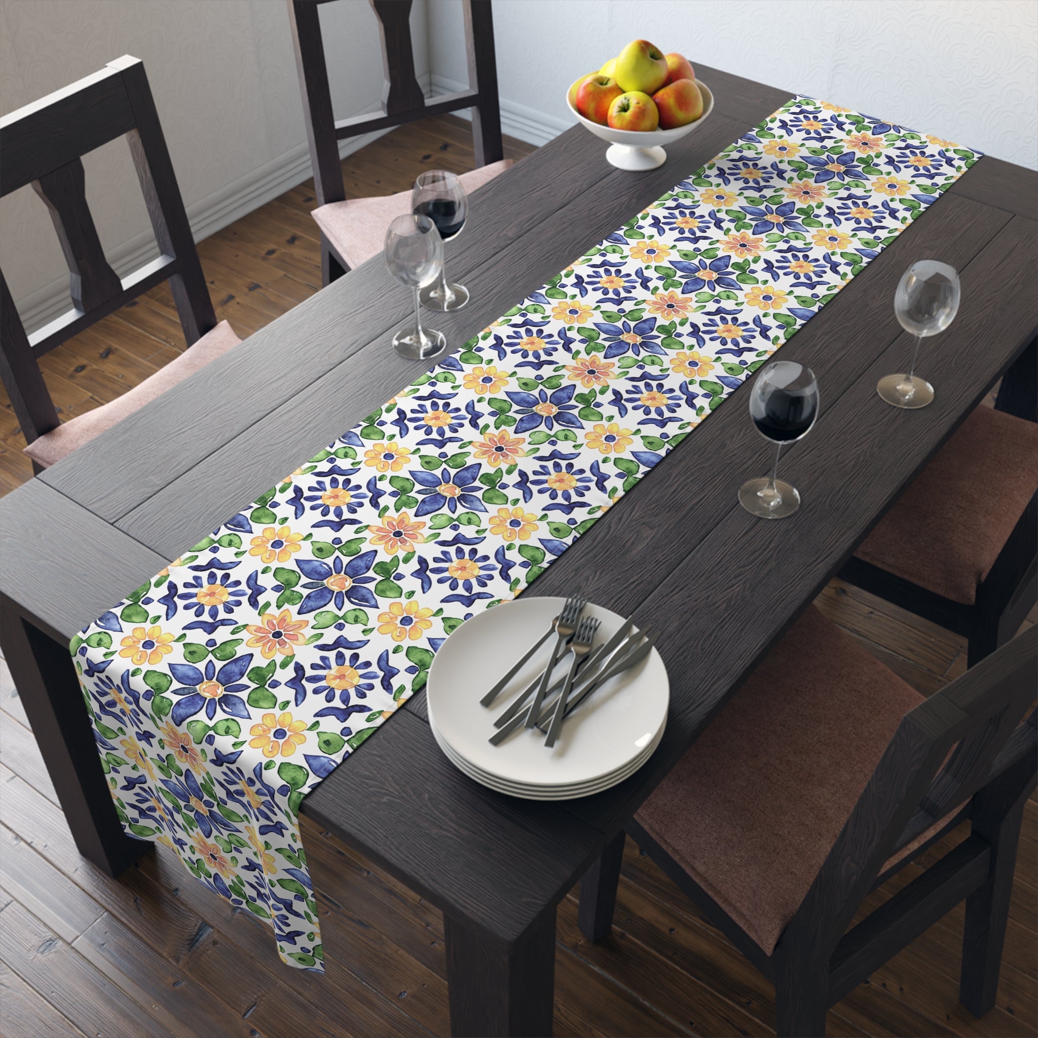 Sol y Alegría (Sun and Joy) Collection- Cactus Succulent Pattern Microfiber Blanket Soft Velveteen Throw for Home & Garden Lovers Floral Tile Table Runner — Blue & Yellow Mediterranean Pattern - Creations by Chris and Carlos