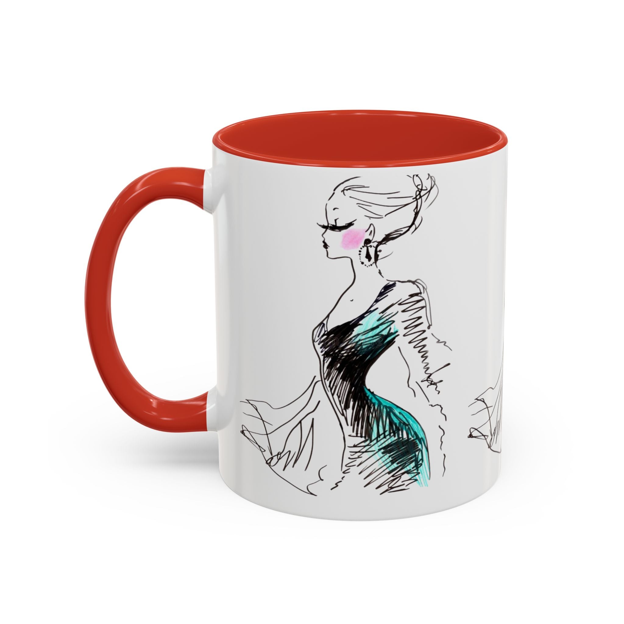 Fashion Sketch Accent Coffee Mug — Chic Hand-Drawn Dress Illustration (11/15 oz) - Creations by Chris and Carlos