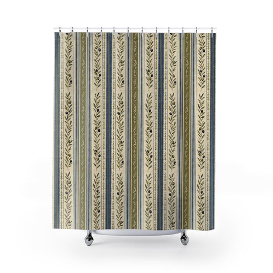 Shower Curtain - Olive Branch Stripe Vintage Farmhouse Bathroom Decor - Creations by Chris and Carlos