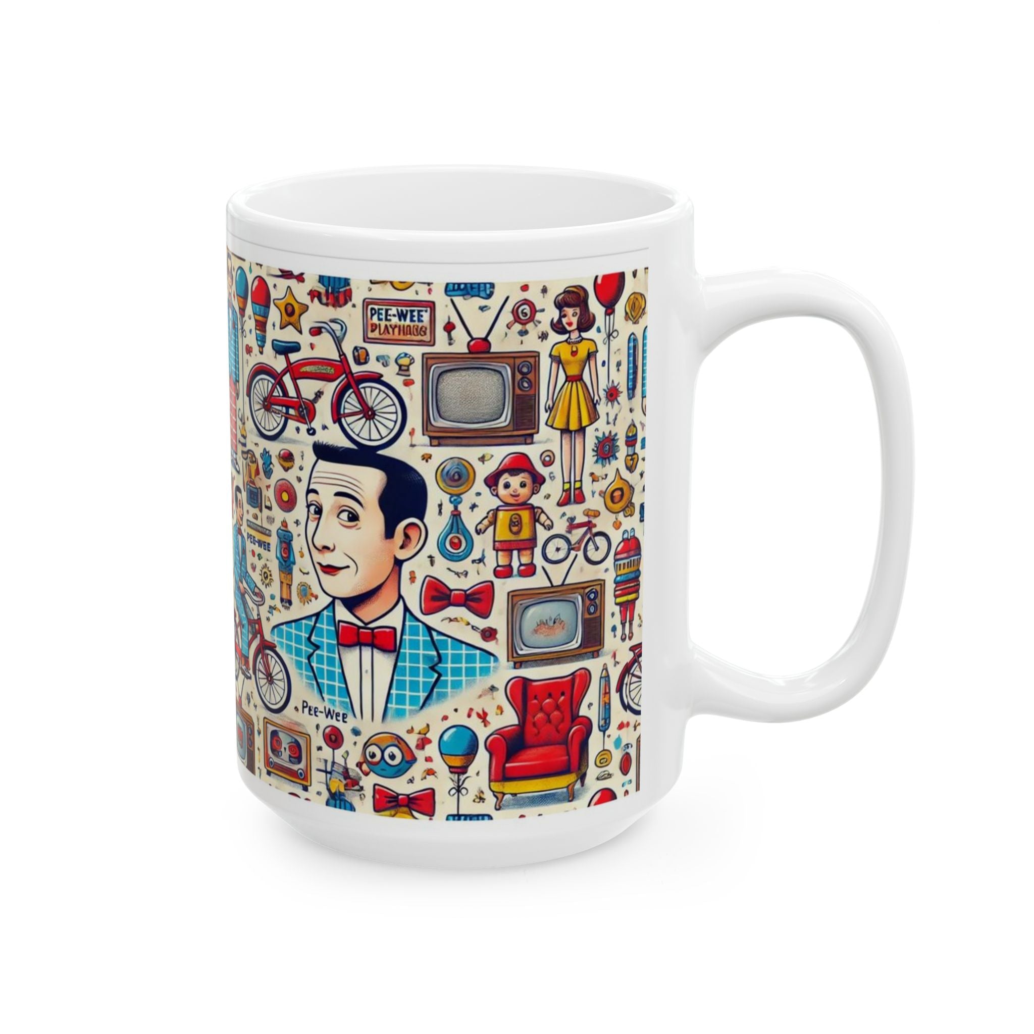 Retro Pattern Ceramic Mug — Pee Wee Herman Vintage TV, Bicycle & 1950s Family Illustration (11oz/15oz) - Creations by Chris and Carlos