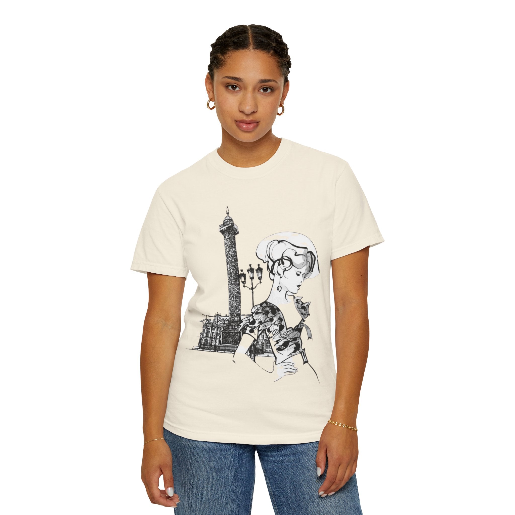 Parisian Vintage Illustration T-Shirt — Eiffel Tower & Chic Lady Tee - Creations by Chris and Carlos