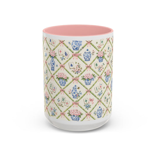 Floral Mahjong Accent Coffee Mug – Pink Interior & Handle, Vintage Chinoiserie Pattern - Creations by Chris and Carlos
