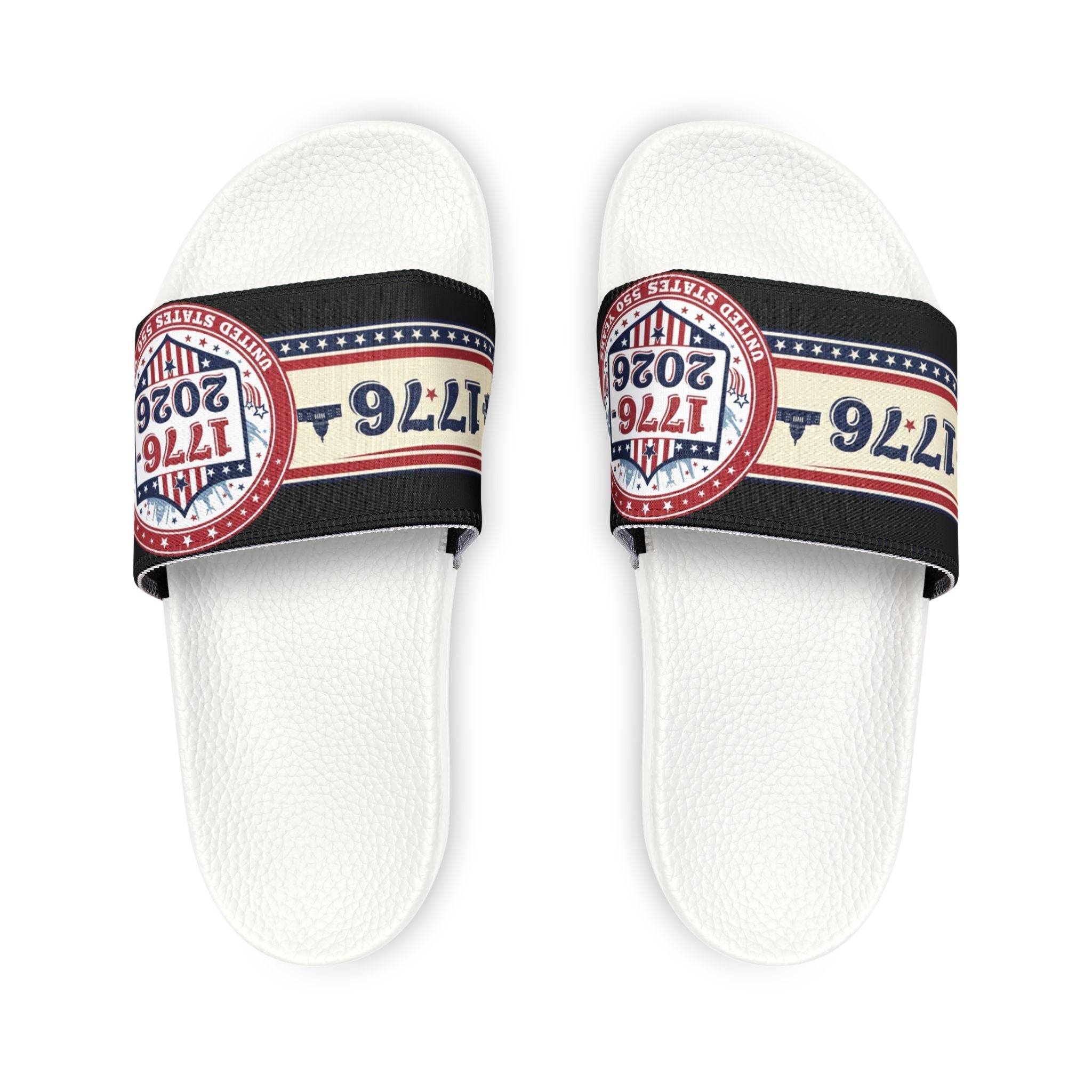 Women's Slide Sandals — Removable Strap Customizable Design (Striped Badge Accent) - Creations by Chris and Carlos
