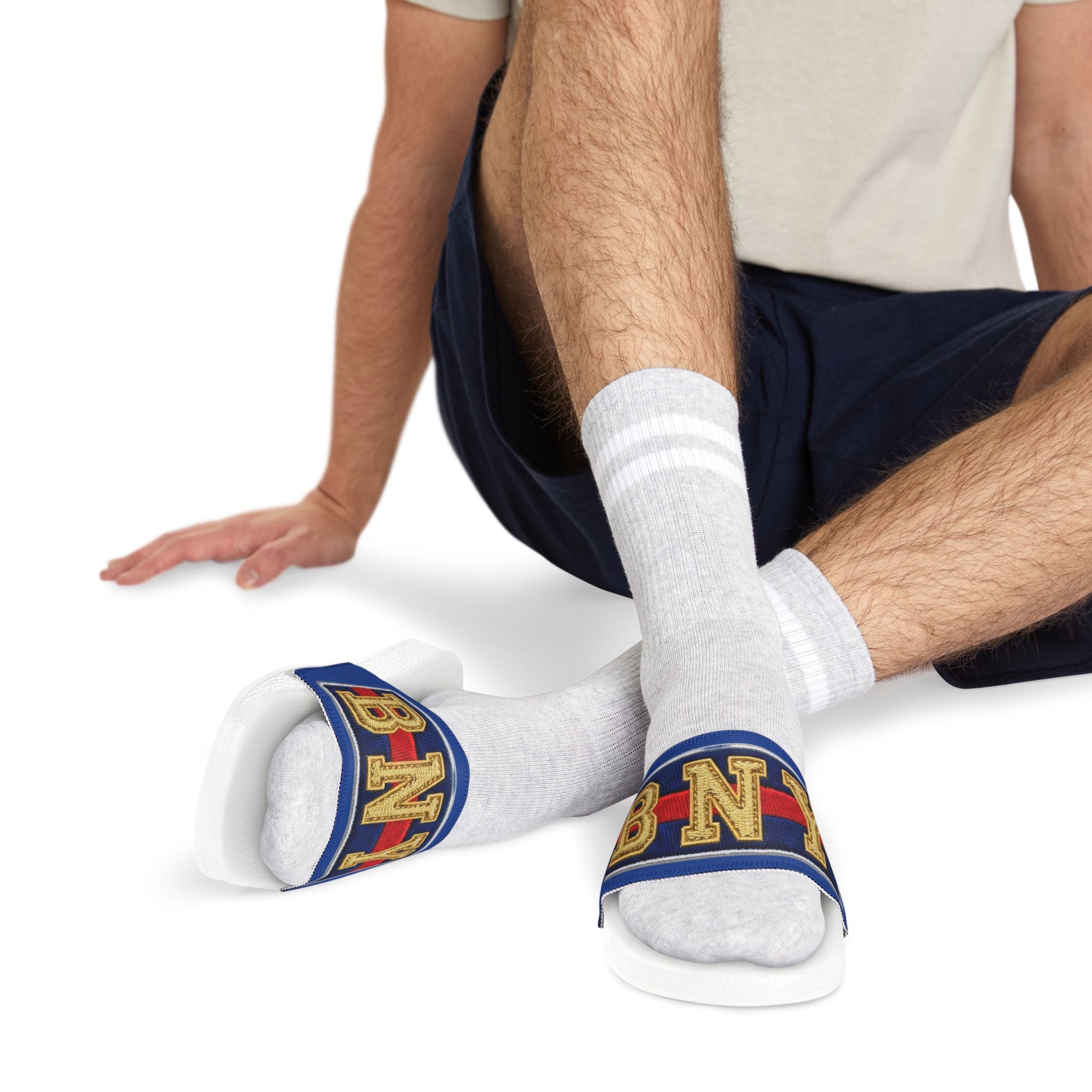Men's Slide Sandals — BNY Bunny Inspired Retro Lettering Navy & Red Strap - Creations by Chris and Carlos