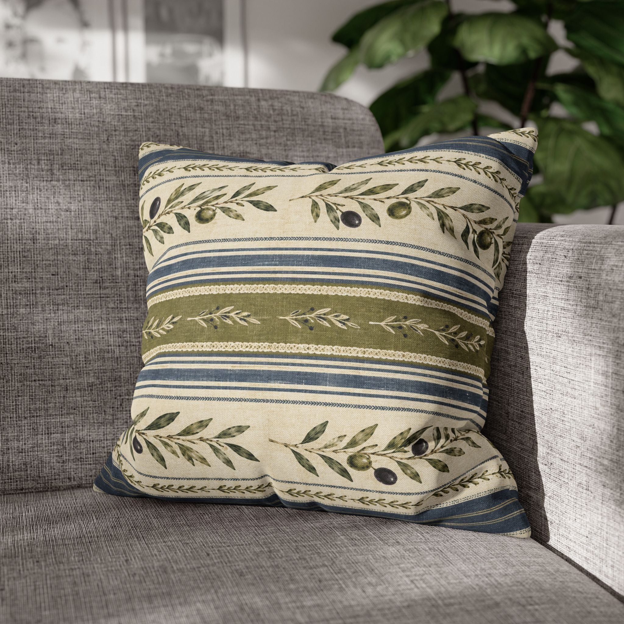 Olive & Navy Olive Branch Striped Throw Pillowcase - Creations by Chris and Carlos