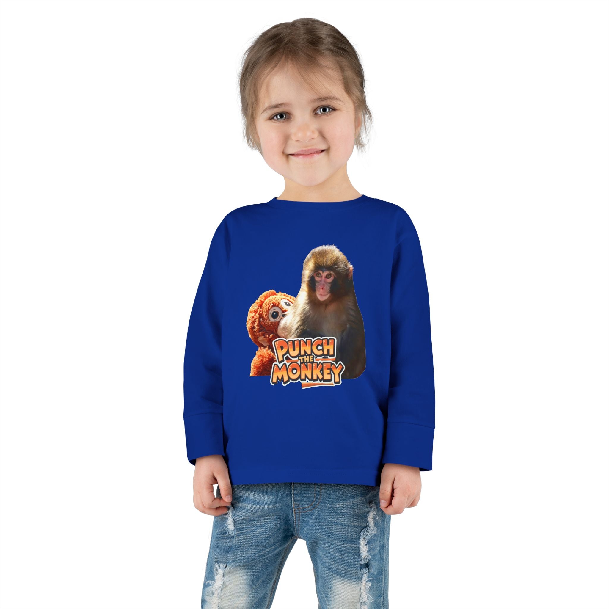 Punch Monkey Toddler Long Sleeve Tee Cute Monkey & Plush Character Shirt for Kids - Creations by Chris and Carlos