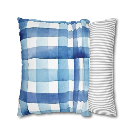 The Artisanal Flora Gallery Blue Watercolor Plaid Pillowcase — Square Decorative Throw Pillow Cover - Creations by Chris and Carlos
