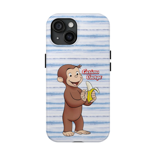 Curious George Banana Tough Phone Case — Cute Kids iPhone Cover, Blue Stripe Protective Case - Creations by Chris and Carlos