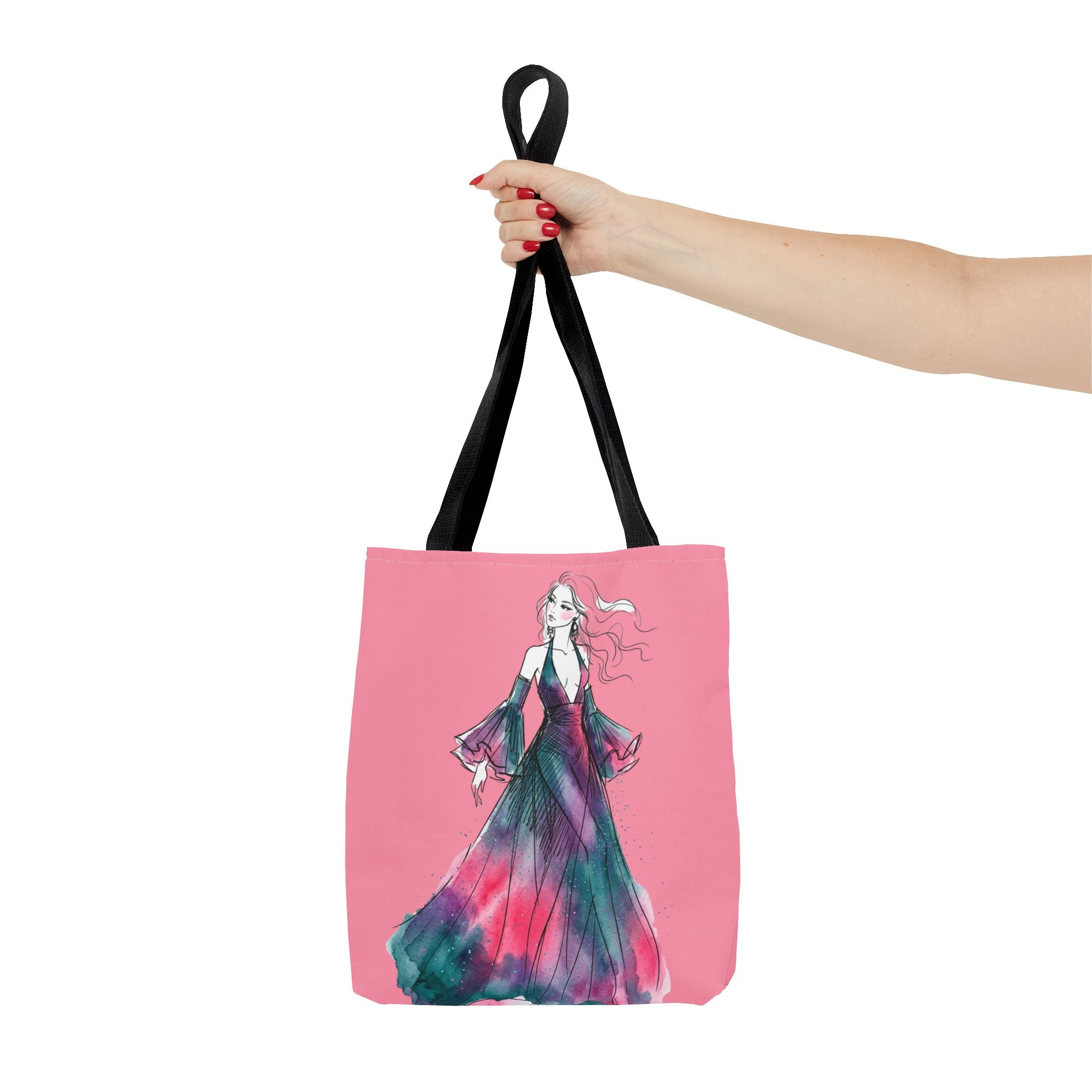 Pink Watercolor Fashion Tote Bag — Elegant Woman in Flowing Dress AOP - Creations by Chris and Carlos