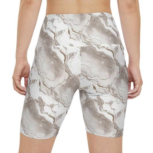 Marble Swirl Women's Workout Shorts — Taupe Gold Athletic Biker Shorts - Creations by Chris and Carlos