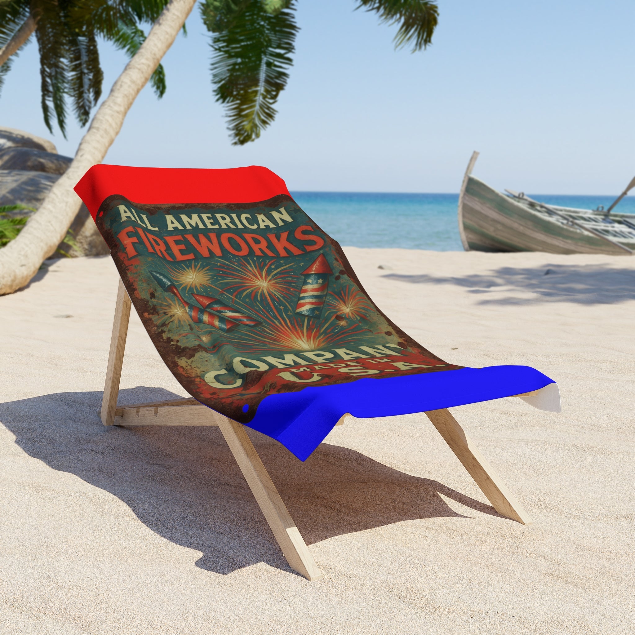 American Fireworks Beach Towel — Vintage 'All American Fireworks Company Made in U.S.A.' Patriotic Summer Towel - Creations by Chris and Carlos