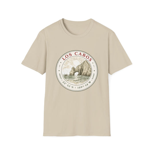 Los Cabos Arch Vintage Graphic T-Shirt — Beach Souvenir Tee with Coordinates - Creations by Chris and Carlos