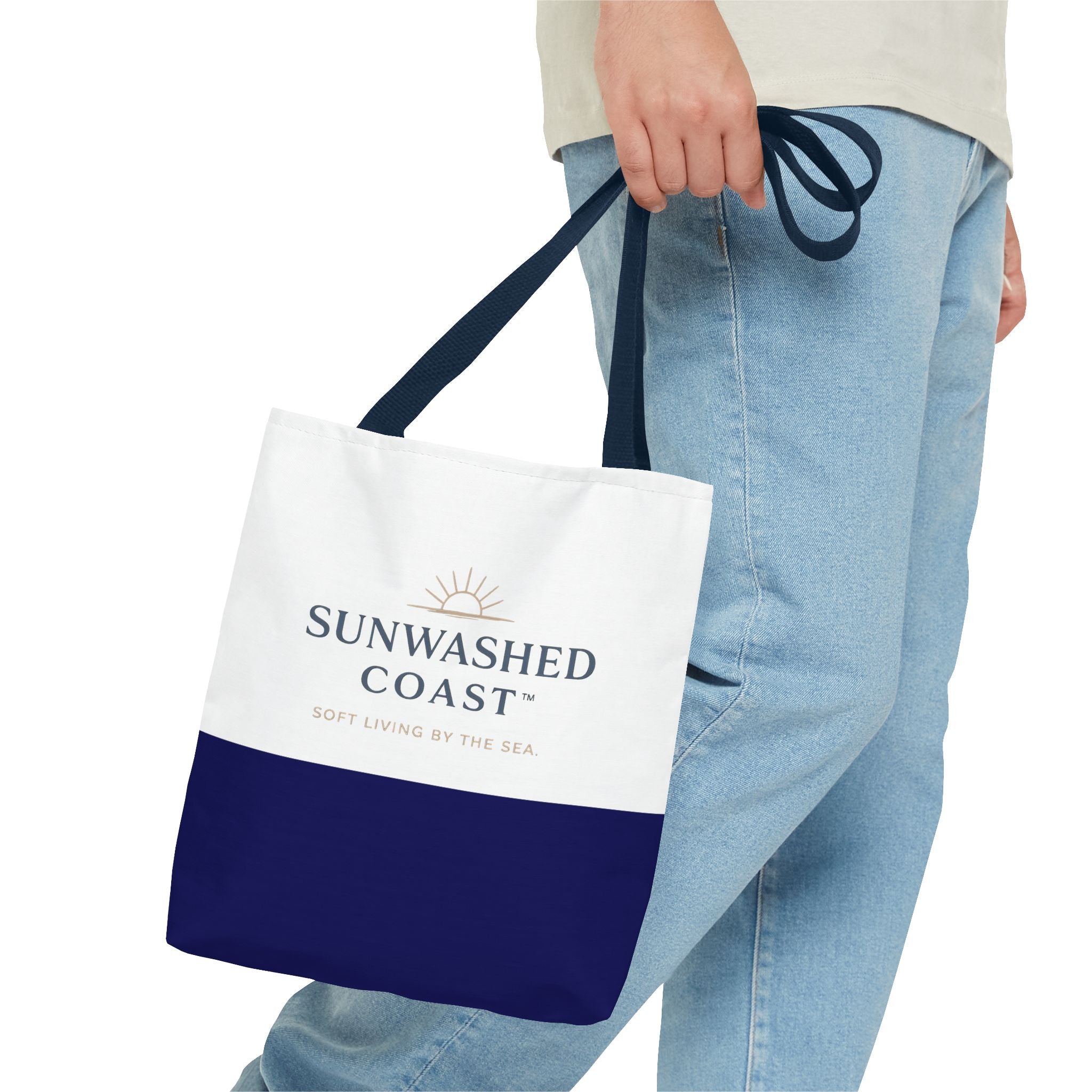 Sunwashed Coast Tote Bag — Coastal Canvas Beach Tote with 'Soft Living by the Sea' Logo - Creations by Chris and Carlos