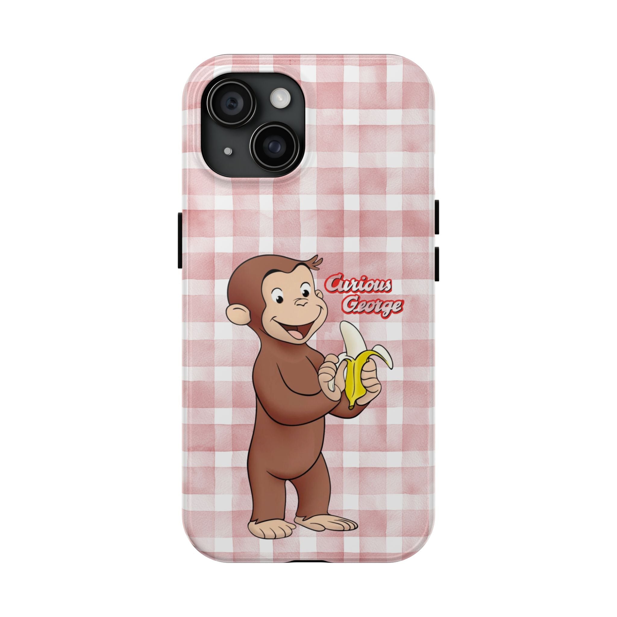 Curious George Banana Tough Phone Case — Cute Kids iPhone Cover, Pink Gingham Protective Case - Creations by Chris and Carlos