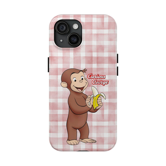 Curious George Banana Tough Phone Case — Cute Kids iPhone Cover, Pink Gingham Protective Case - Creations by Chris and Carlos