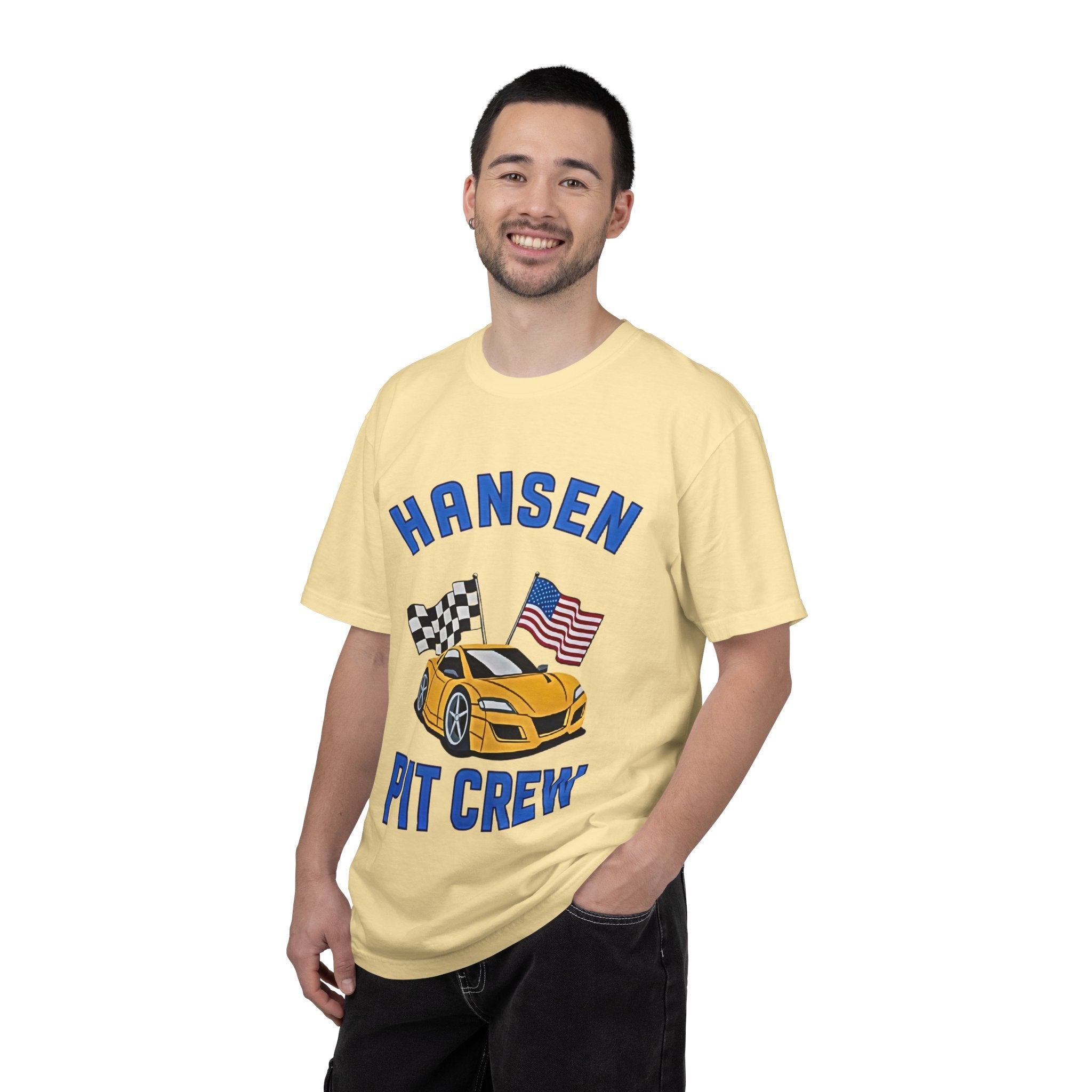 The Pitt TV Show Pit Crew Racing T‑Shirt — 'Hansen' Sports Car with Checkered Flag & American Flag - Creations by Chris and Carlos