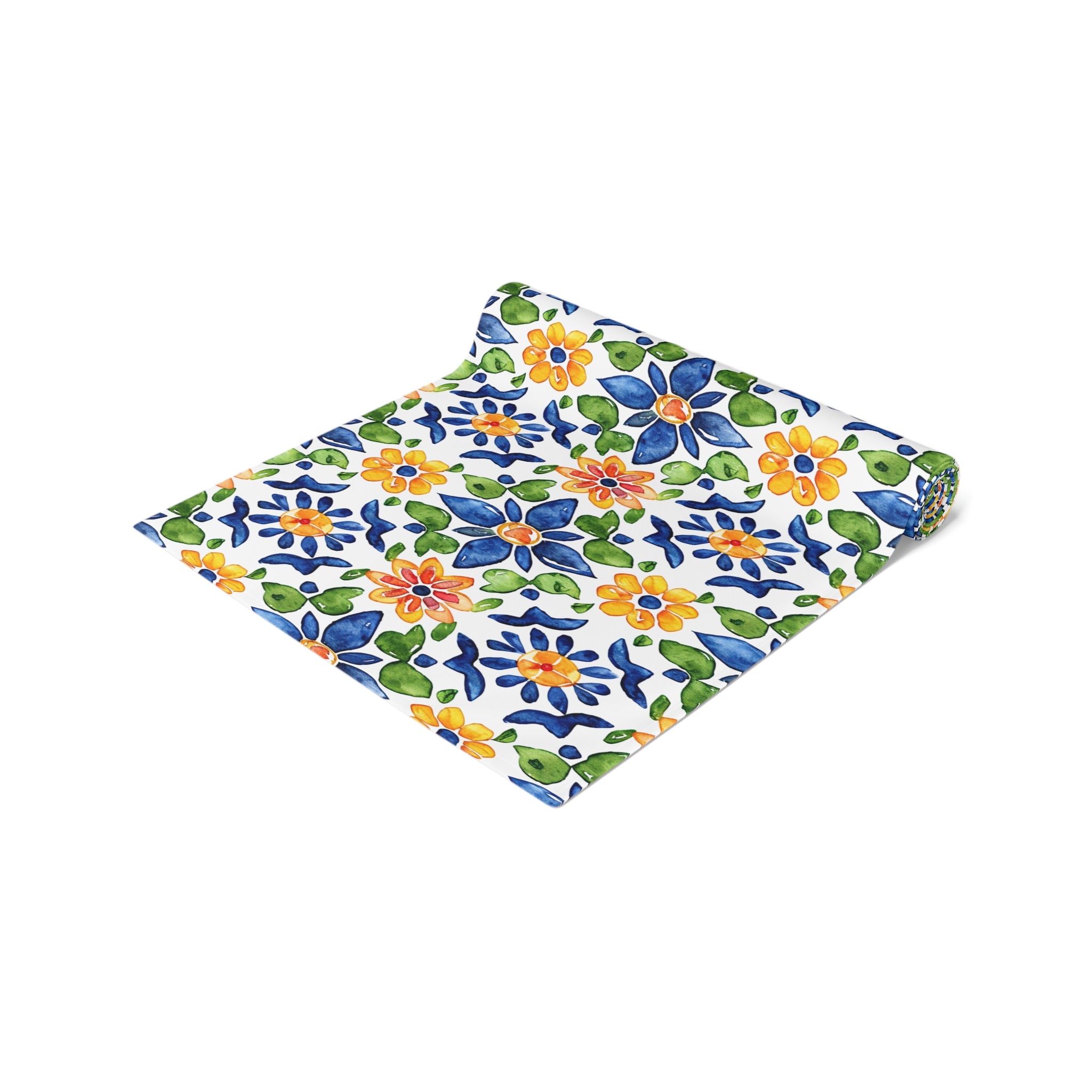 Sol y Alegría (Sun and Joy) Collection- Cactus Succulent Pattern Microfiber Blanket Soft Velveteen Throw for Home & Garden Lovers Floral Tile Table Runner — Blue & Yellow Mediterranean Pattern - Creations by Chris and Carlos
