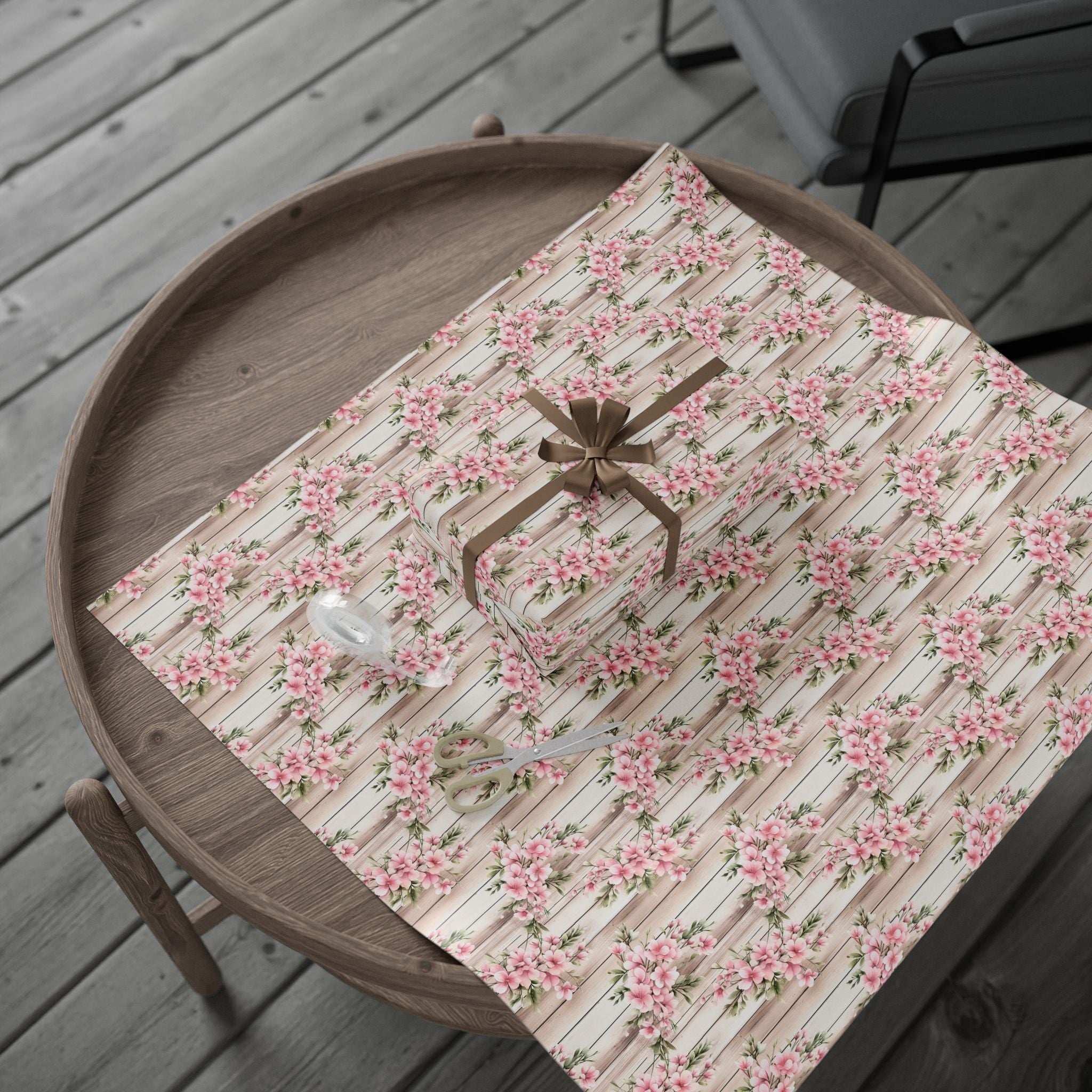 Easter Floral Woodgrain Wrapping Paper Roll — Pink Cherry Blossom Gift Wrap - Creations by Chris and Carlos