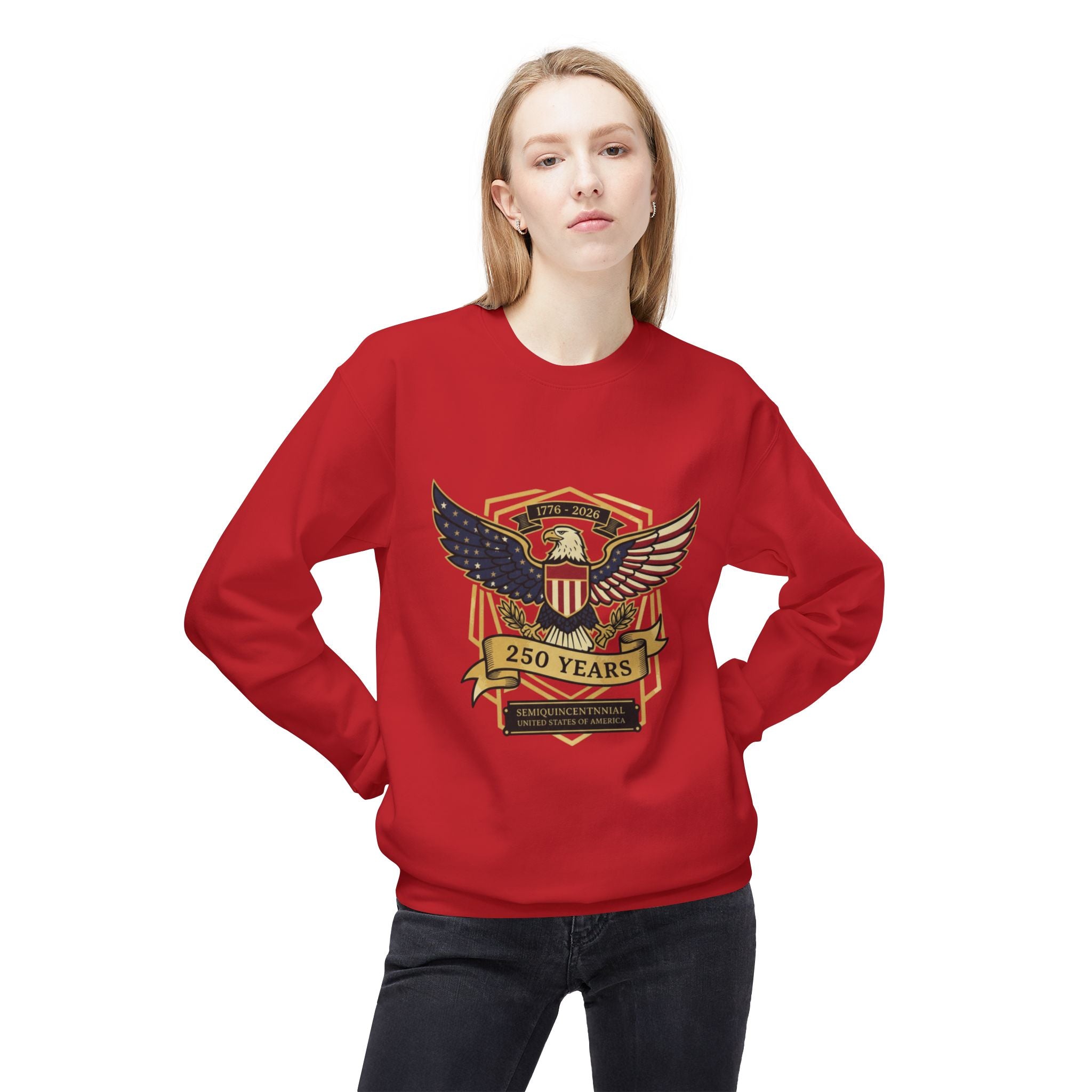 Sweatshirt — 250 Years Patriotic Eagle Crest Crewneck (American Flag Shield) - Creations by Chris and Carlos