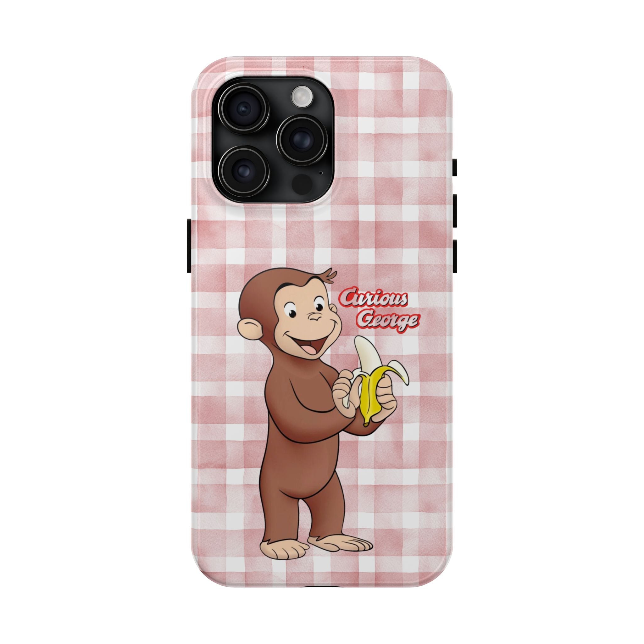 Curious George Banana Tough Phone Case — Cute Kids iPhone Cover, Pink Gingham Protective Case - Creations by Chris and Carlos