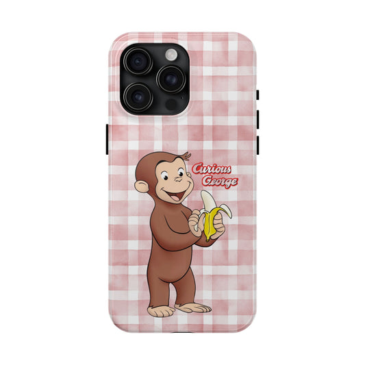 Curious George Banana Tough Phone Case — Cute Kids iPhone Cover, Pink Gingham Protective Case - Creations by Chris and Carlos
