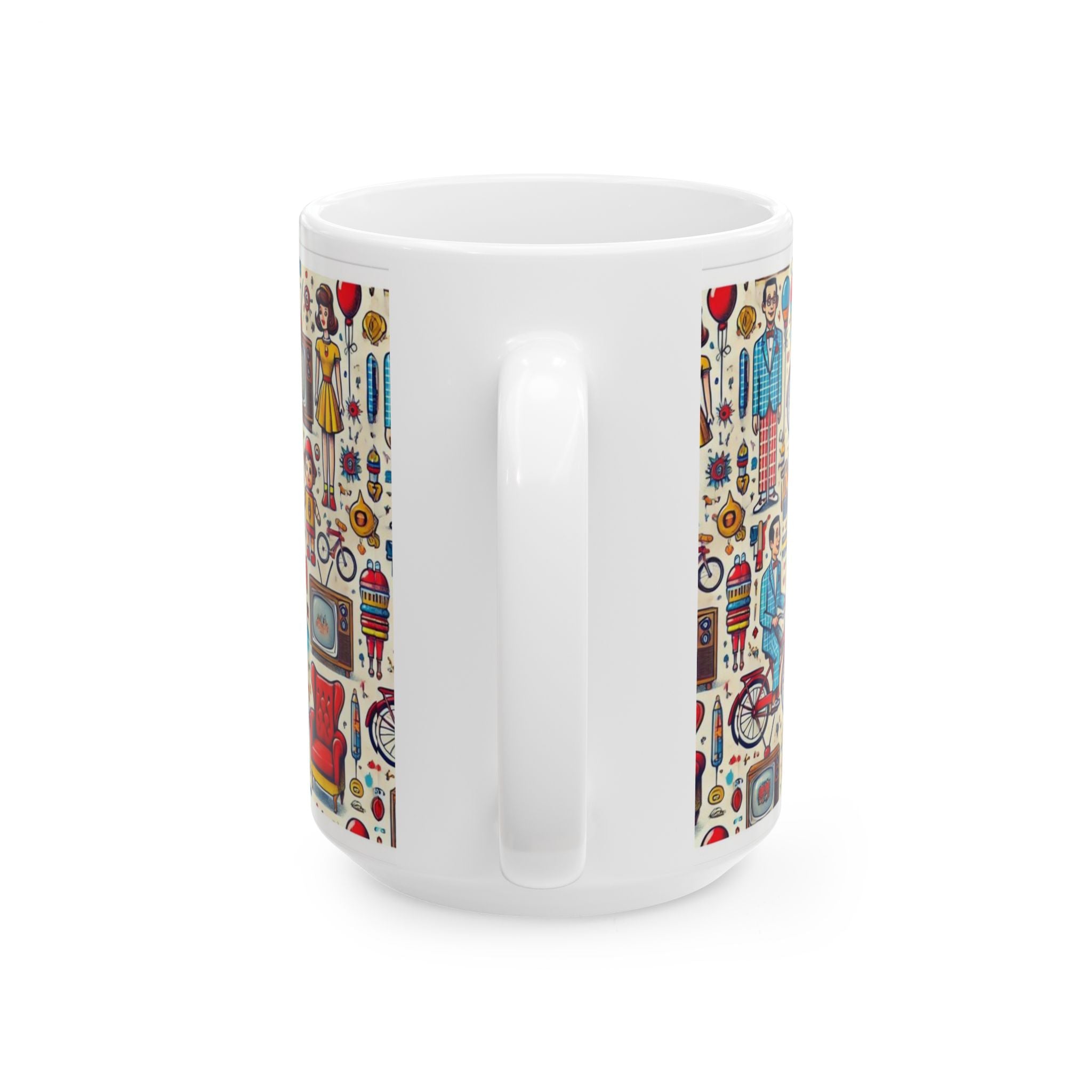 Retro Pattern Ceramic Mug — Pee Wee Herman Vintage TV, Bicycle & 1950s Family Illustration (11oz/15oz) - Creations by Chris and Carlos