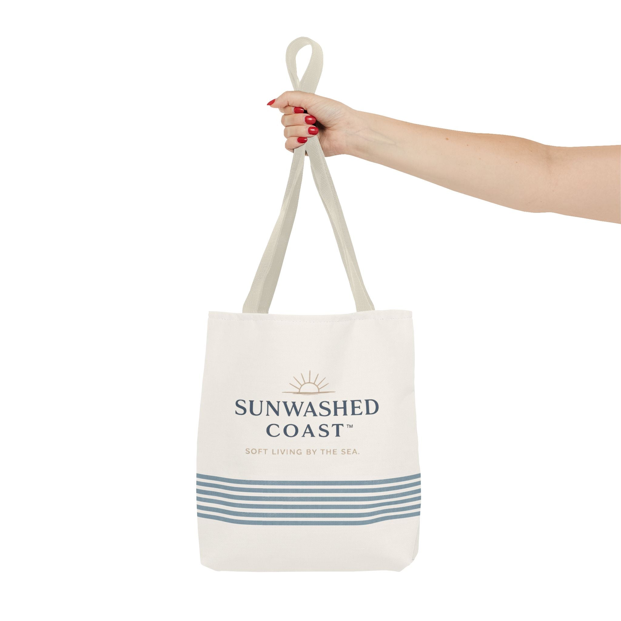 Sunwashed Coast Tote Bag – Coastal Striped Beach Canvas Tote (“Sunwashed Coast” Logo) - Creations by Chris and Carlos