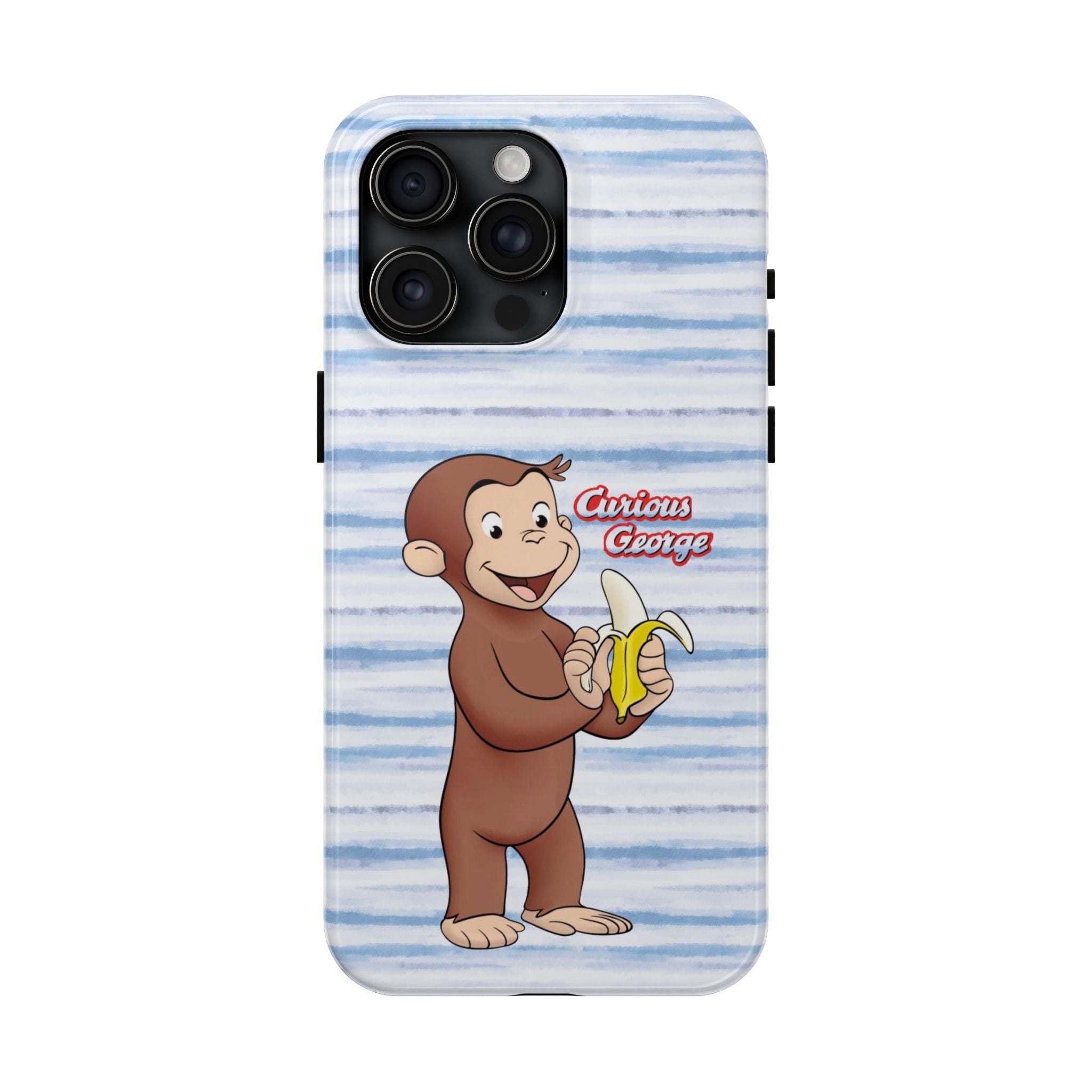 Curious George Banana Tough Phone Case — Cute Kids iPhone Cover, Blue Stripe Protective Case - Creations by Chris and Carlos