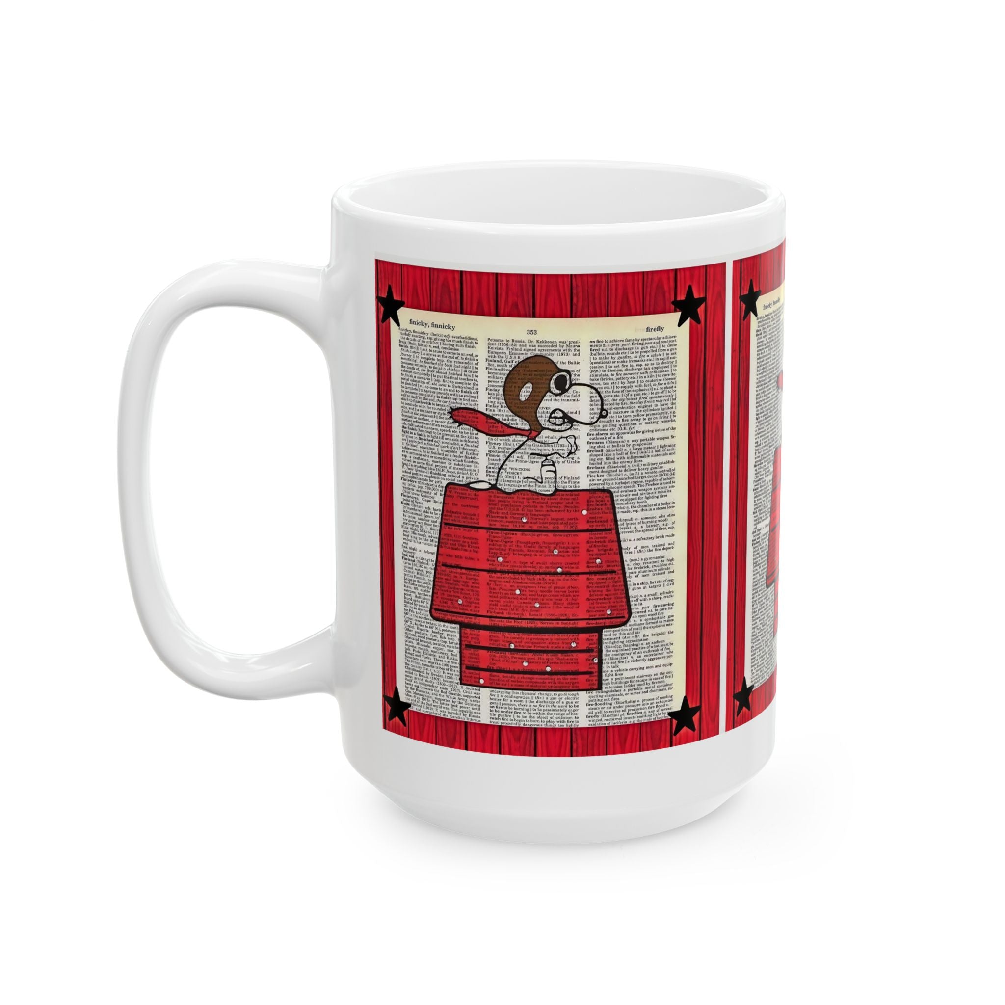 Vintage Snoopy Red Doghouse Ceramic Mug — Retro Dictionary Art Coffee Cup (11oz/15oz) - Creations by Chris and Carlos
