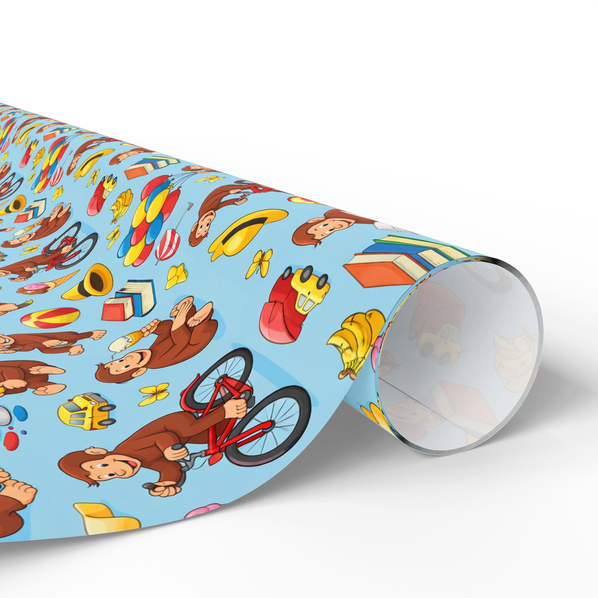 Wrapping Paper Roll — Playful Curious George Monkey Pattern Gift Wrap (Blue) - Creations by Chris and Carlos