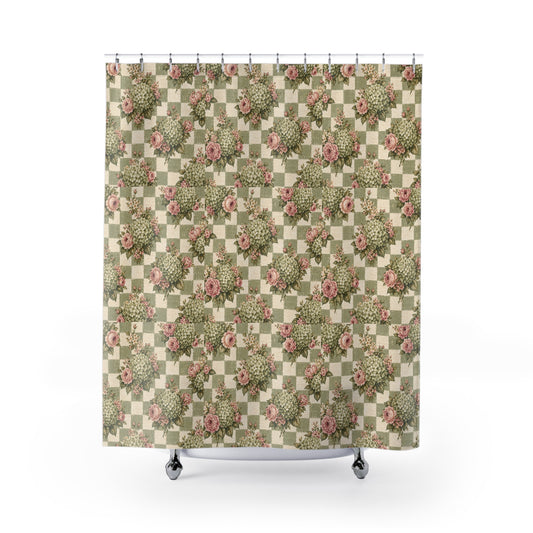 Floral Check Vintage Shower Curtain — Pink Roses & Green Hydrangea Pattern - Creations by Chris and Carlos