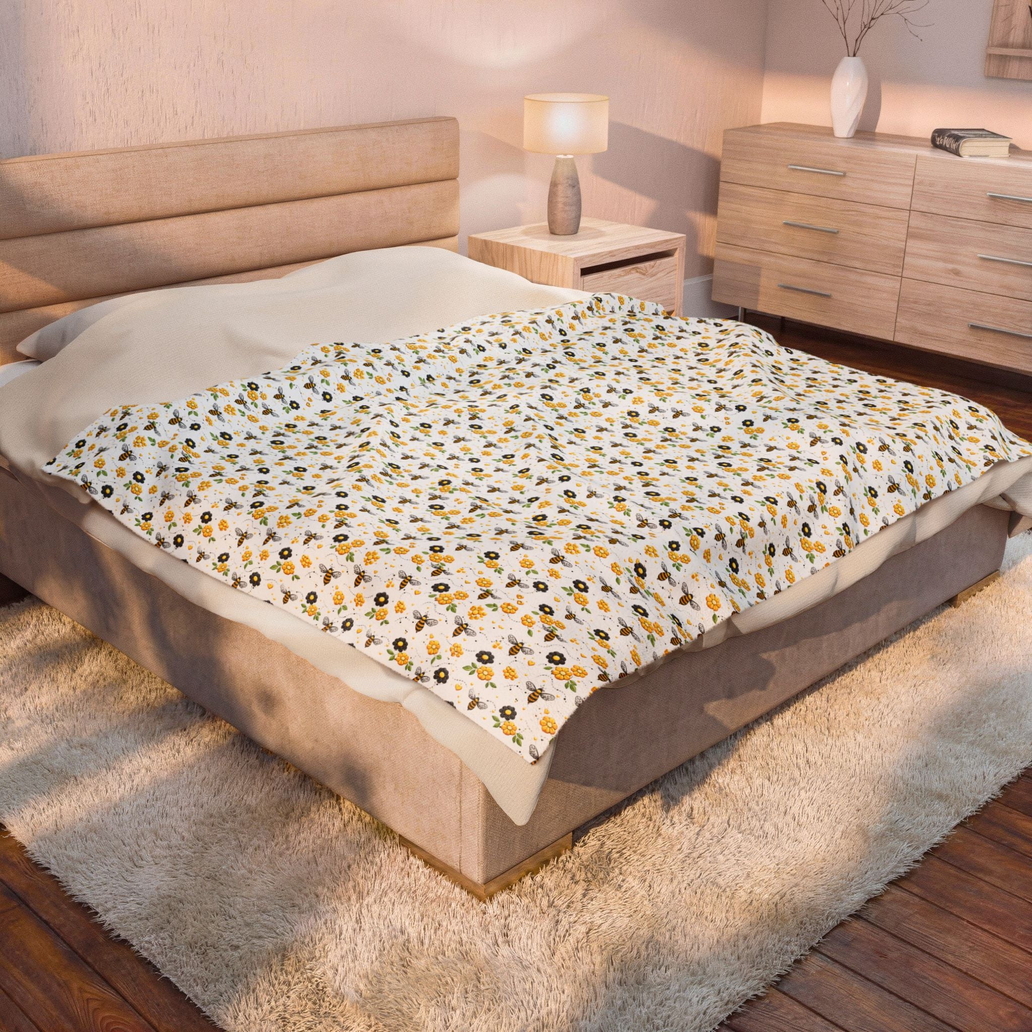 Bee & Sunflower Velveteen Plush Blanket — Cozy Floral Throw for Spring, Garden Lovers & Gift Giving - Creations by Chris and Carlos