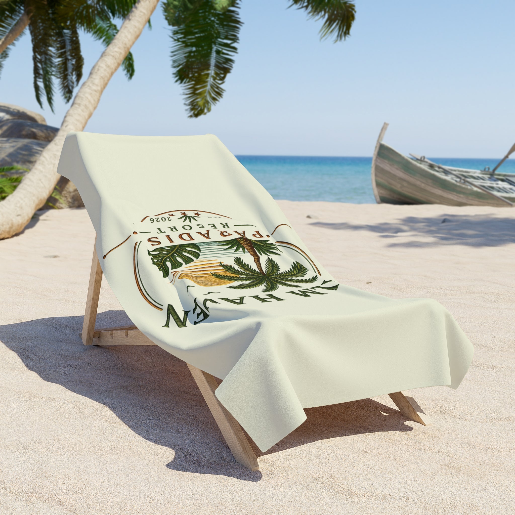 Palm Haven Paradise Beach Towel — Retro Palm Tree Resort Design - Creations by Chris and Carlos