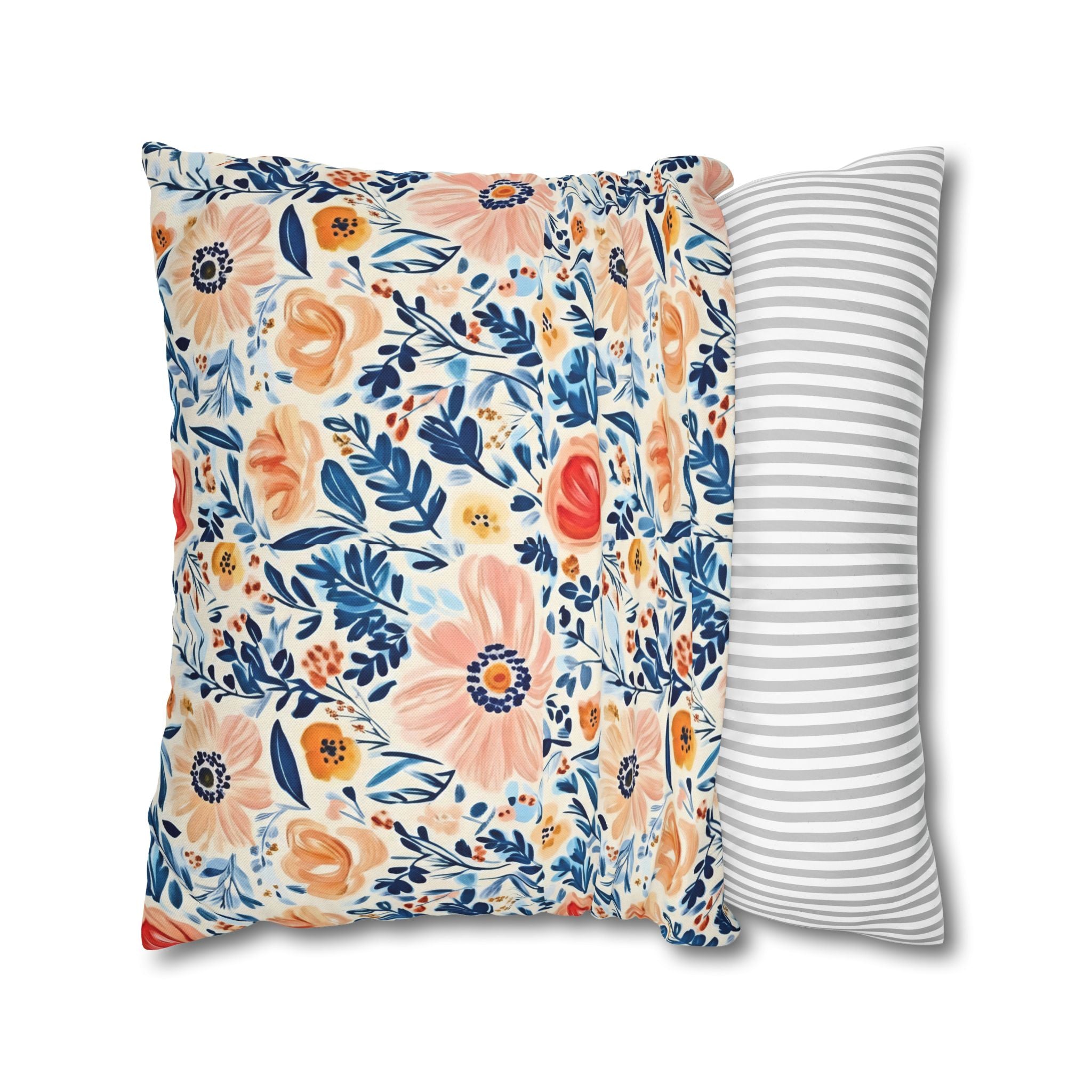 The Artisanal Flora Gallery Floral Watercolor Throw Pillow Cover — Peach & Navy Garden Pattern - Creations by Chris and Carlos