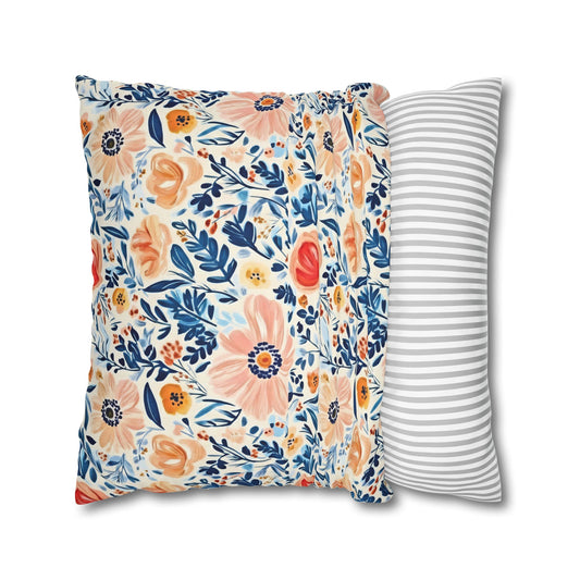 The Artisanal Flora Gallery Floral Watercolor Throw Pillow Cover — Peach & Navy Garden Pattern - Creations by Chris and Carlos
