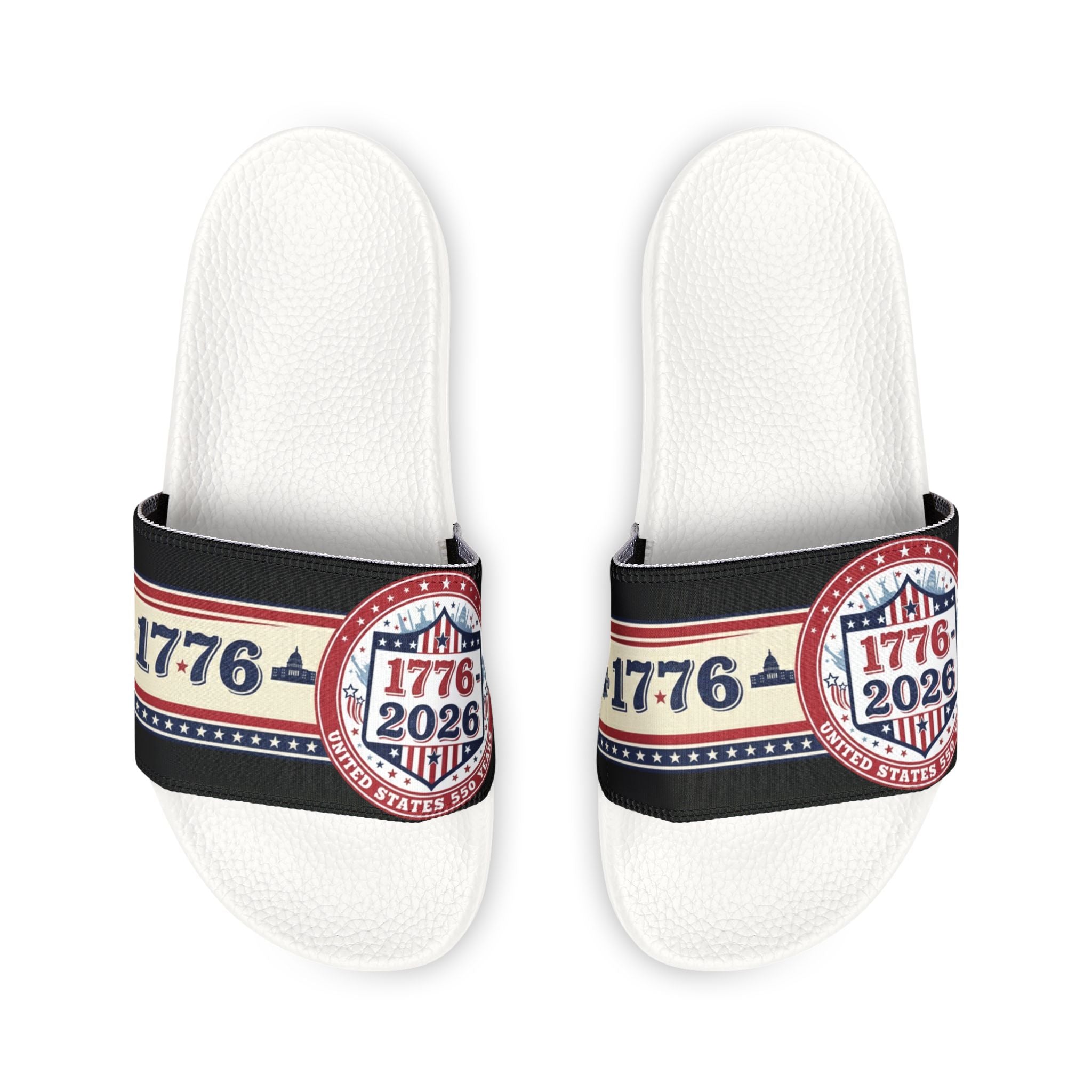 Women's Slide Sandals — Removable Strap Customizable Design (Striped Badge Accent) - Creations by Chris and Carlos