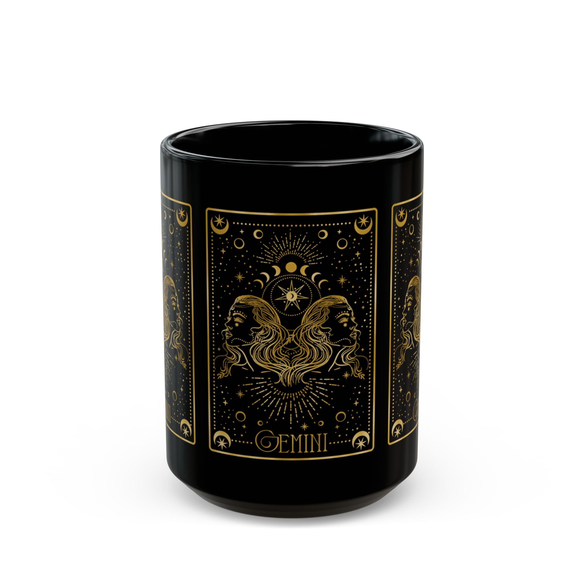 Gemini Zodiac Black Mug — Gold Astrology Tarot Card Design (11oz, 15oz) - Creations by Chris and Carlos