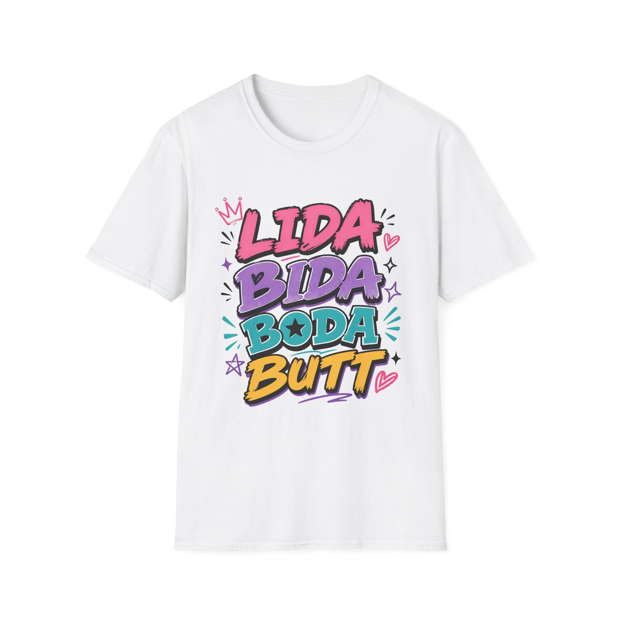 Lida Bida Boda Butt Graphic T-Shirt — TIK TOK FAMOUS Colorful Retro Bubble Letter Tee - Creations by Chris and Carlos