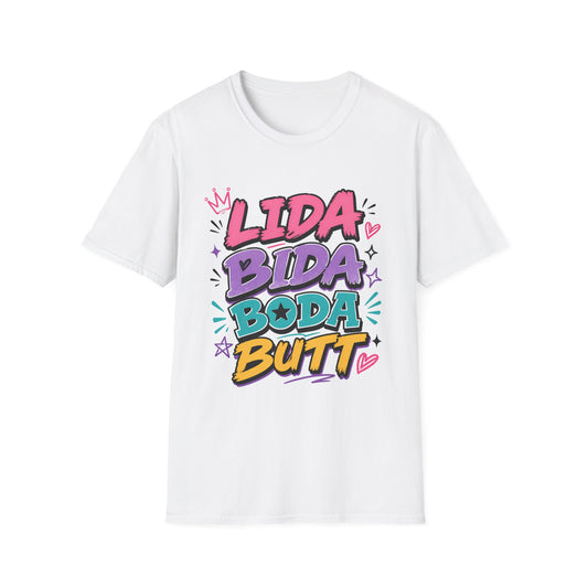 Lida Bida Boda Butt Graphic T-Shirt — TIK TOK FAMOUS Colorful Retro Bubble Letter Tee - Creations by Chris and Carlos