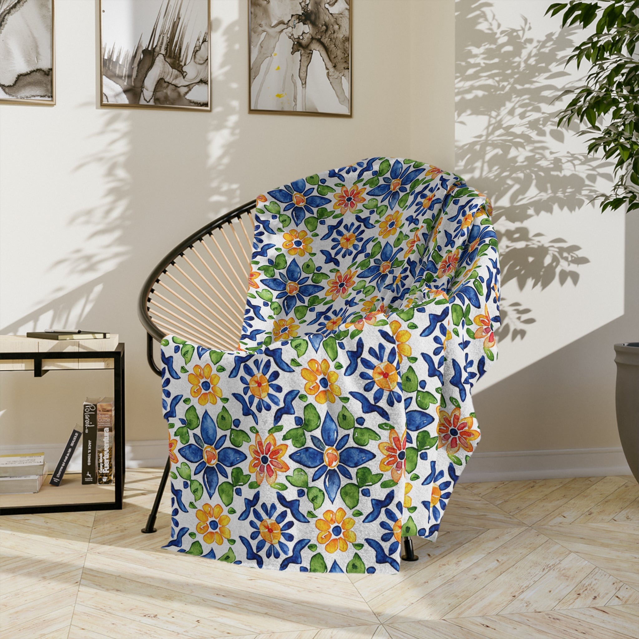 Sol y Alegría (Sun and Joy) Collection- Floral Mosaic Velveteen Blanket Blue & Yellow Microfiber Throw - Creations by Chris and Carlos