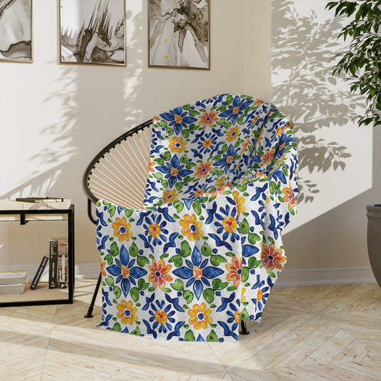 Sol y Alegría (Sun and Joy) Collection- Floral Mosaic Velveteen Blanket Blue & Yellow Microfiber Throw - Creations by Chris and Carlos