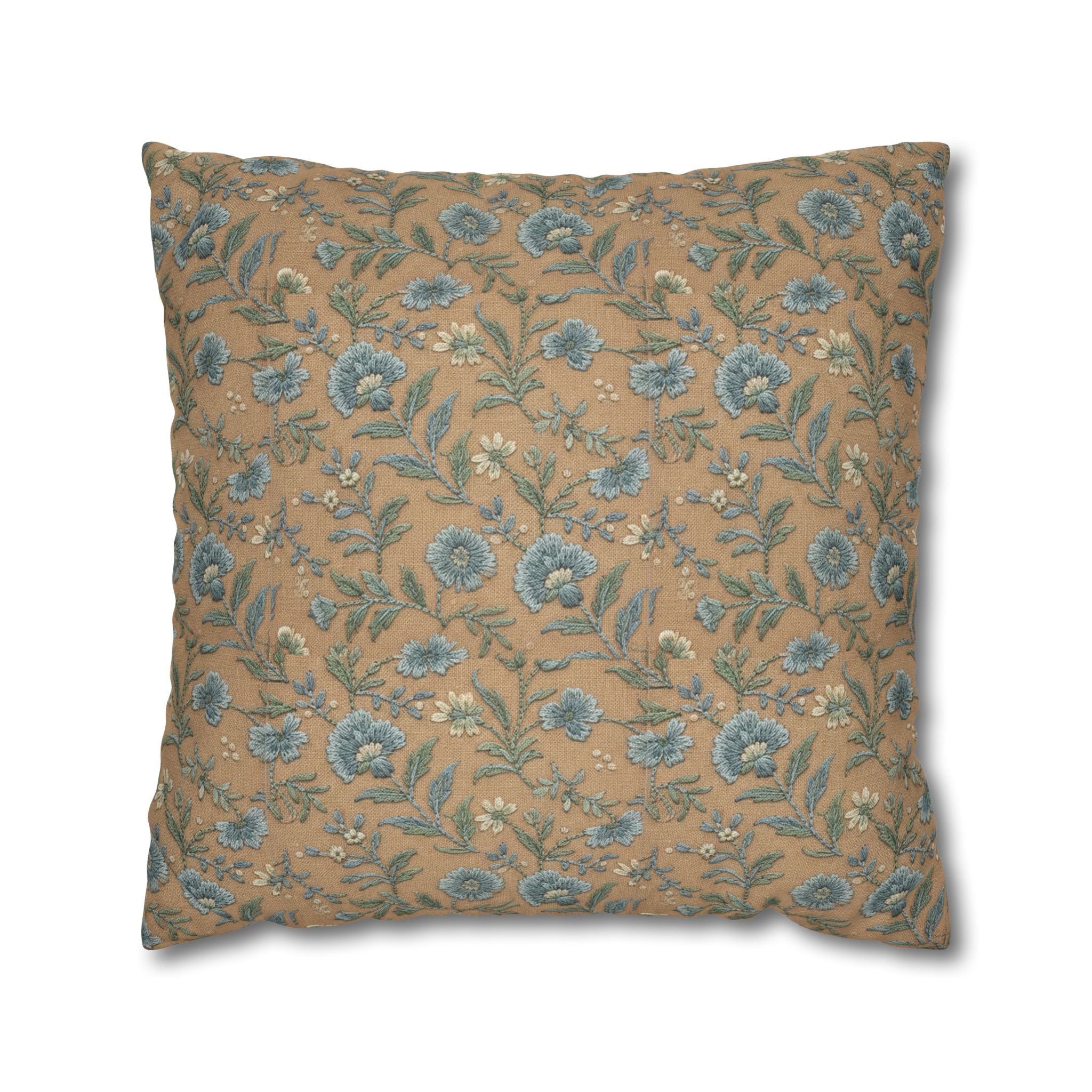 Plumstead Manor Geometric Vintage Floral Pillowcase — Blue Beige Botanical Square Pillow - Creations by Chris and Carlos
