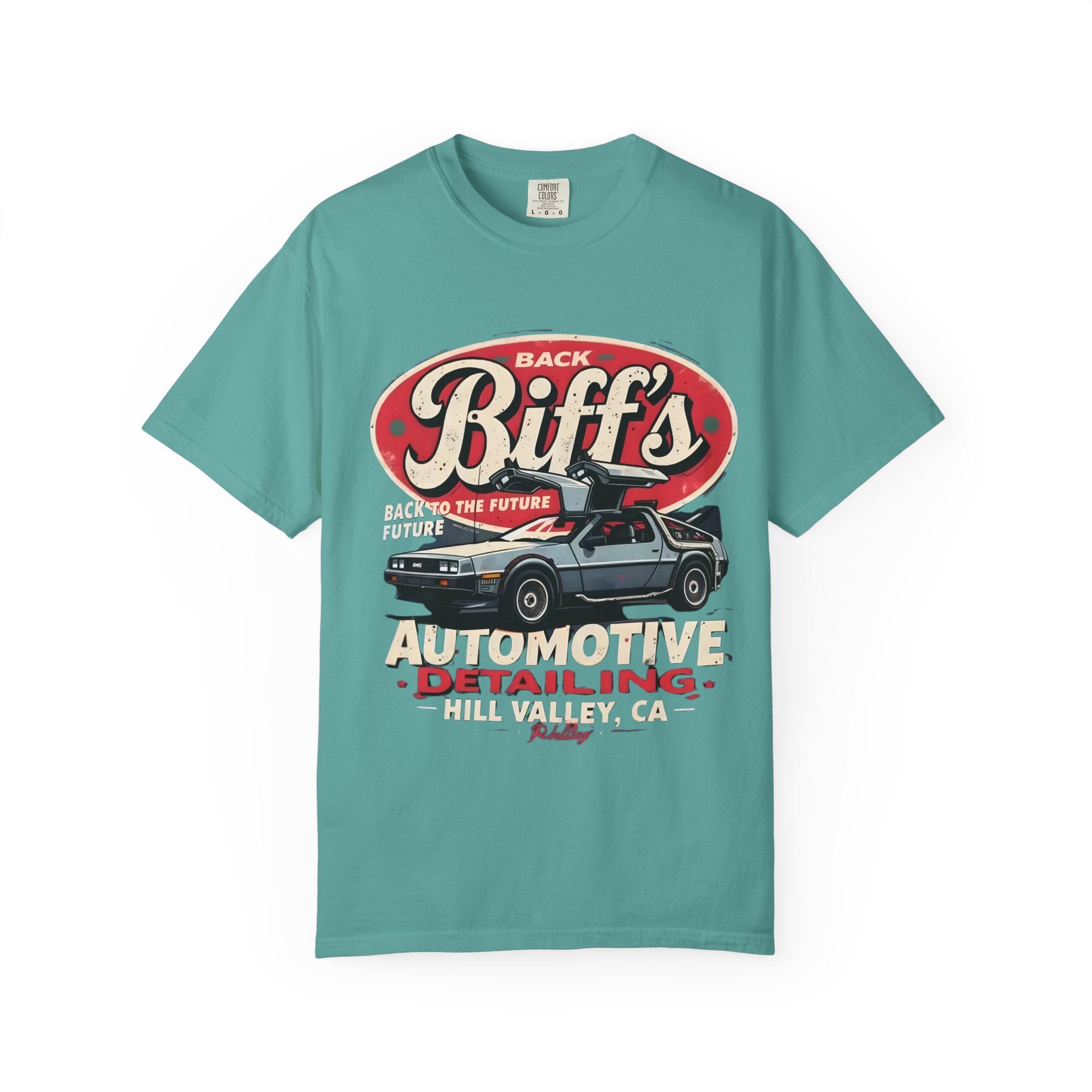 Biff's Automotive Detailing T-Shirt — Back to the Future DeLorean Graphic - Creations by Chris and Carlos