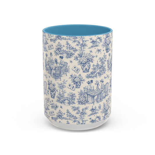 Blue Toile Accent Coffee Mug — Vintage Tea Party Pattern, Pink Interior (11/15 oz) - Creations by Chris and Carlos